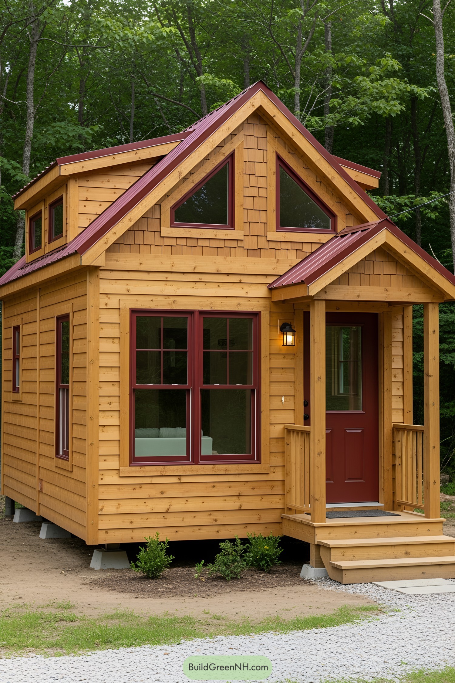 Charming wooden tiny house with red accents in a forest