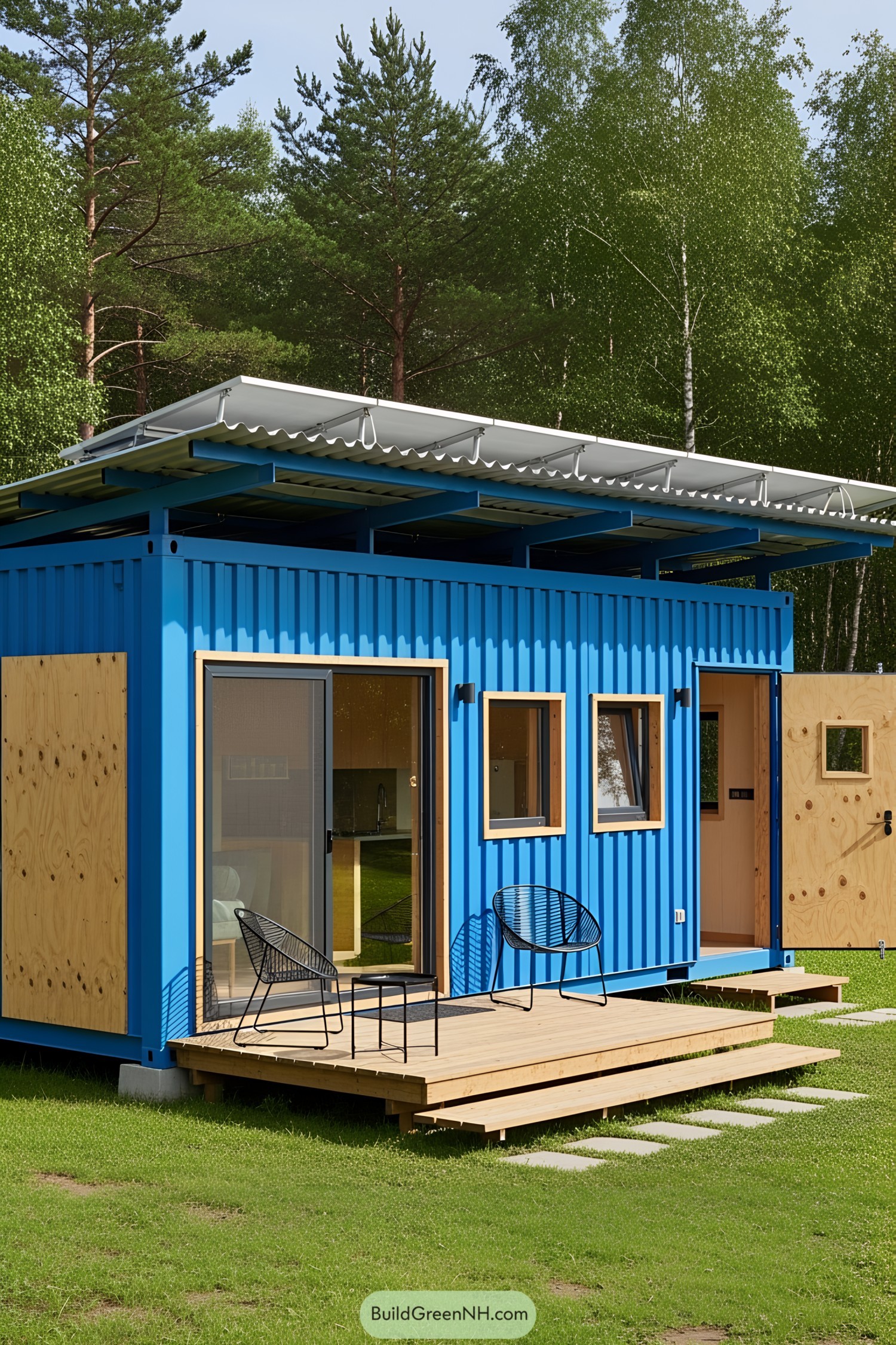 Vibrant blue container house with a wooden deck