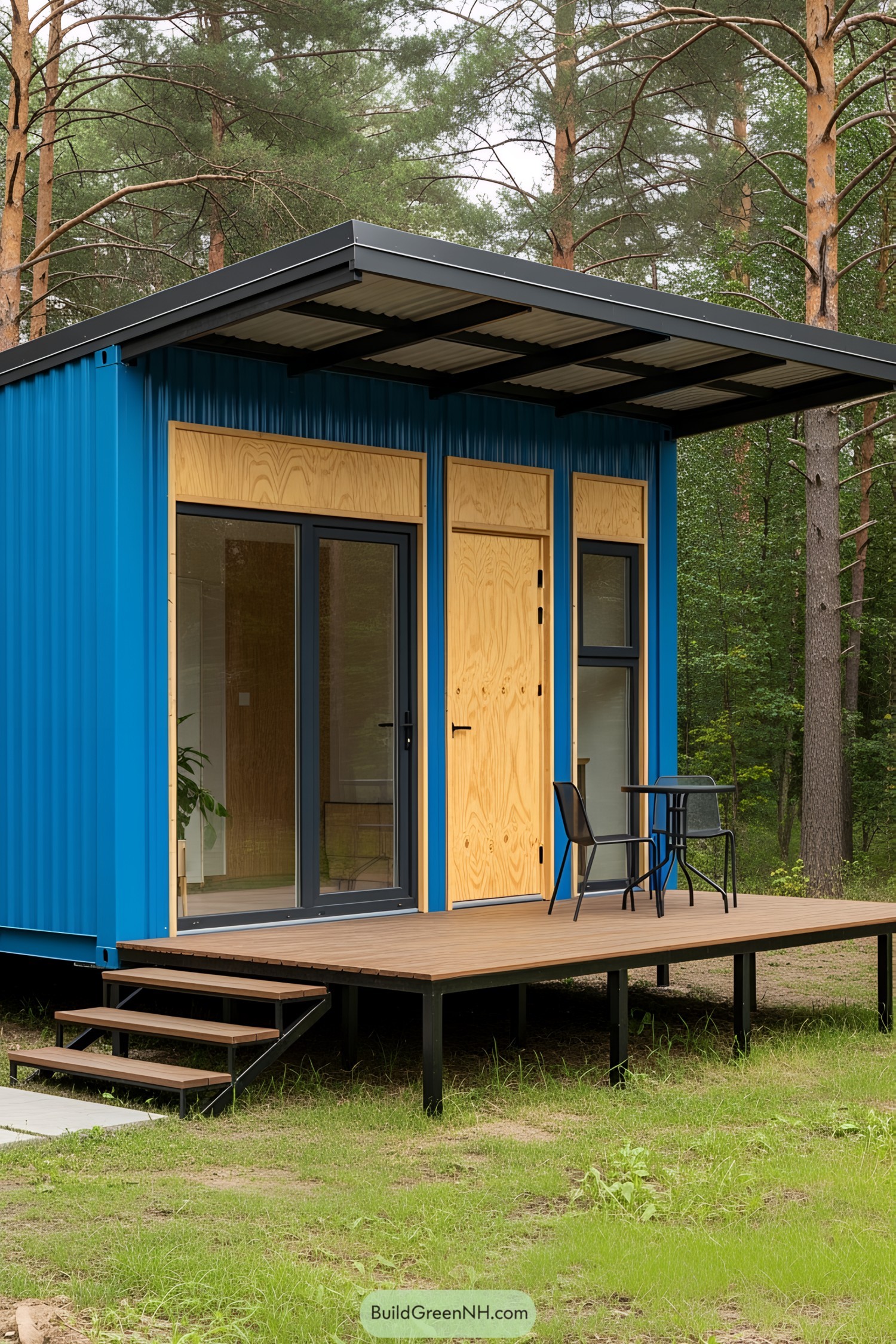 Compact blue container home with a cozy porch