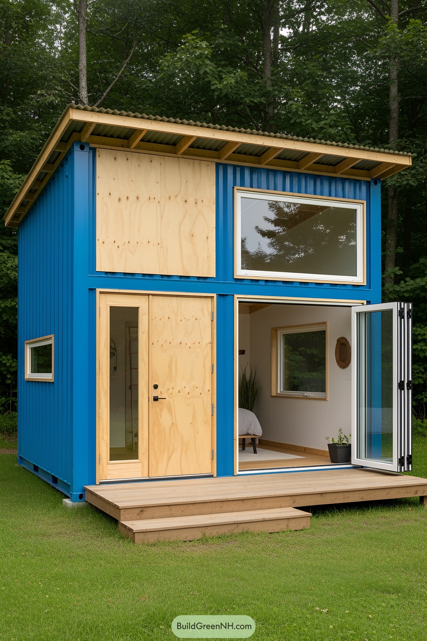 Small blue container house with wooden accents