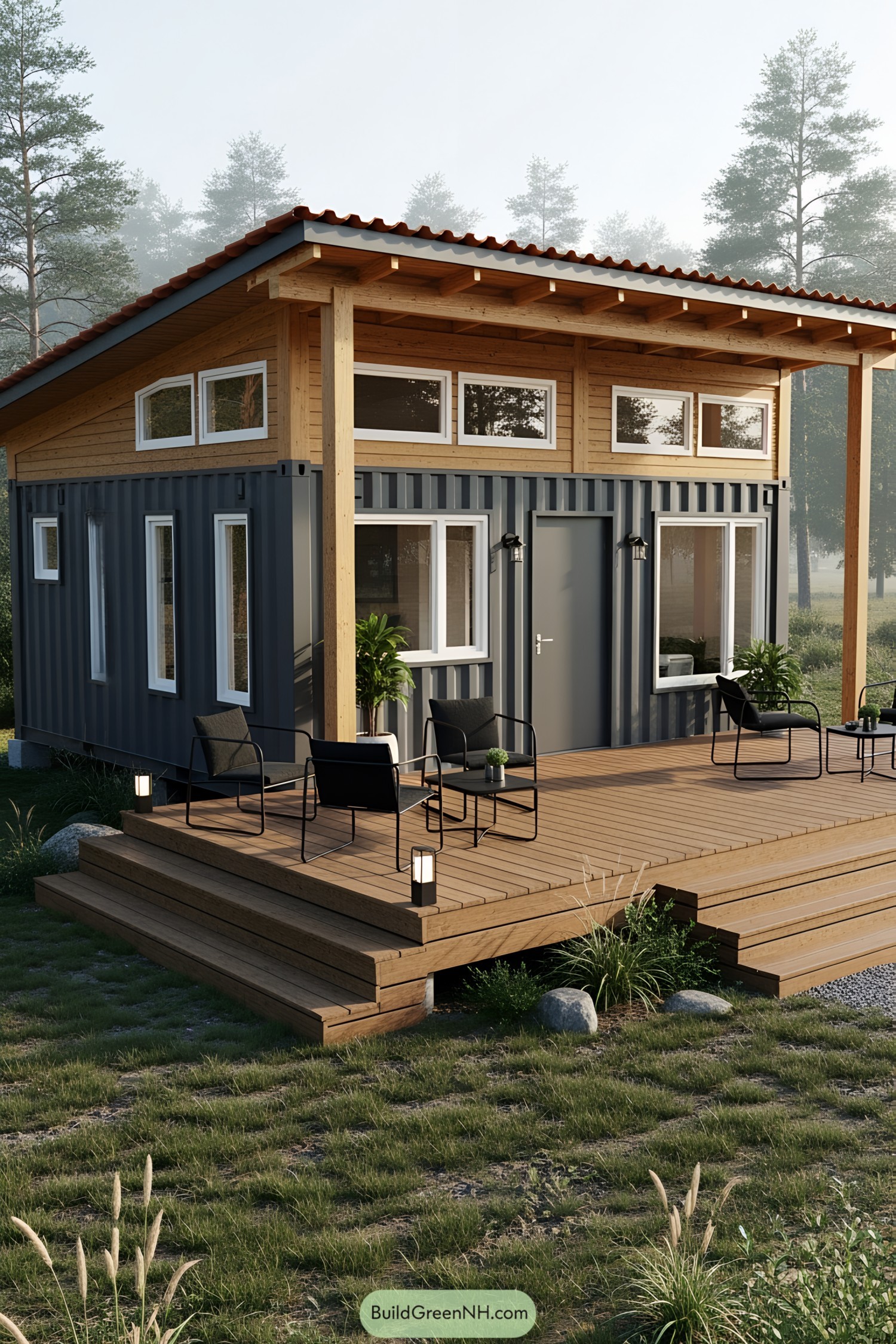 Small container house with a deck in a forest setting