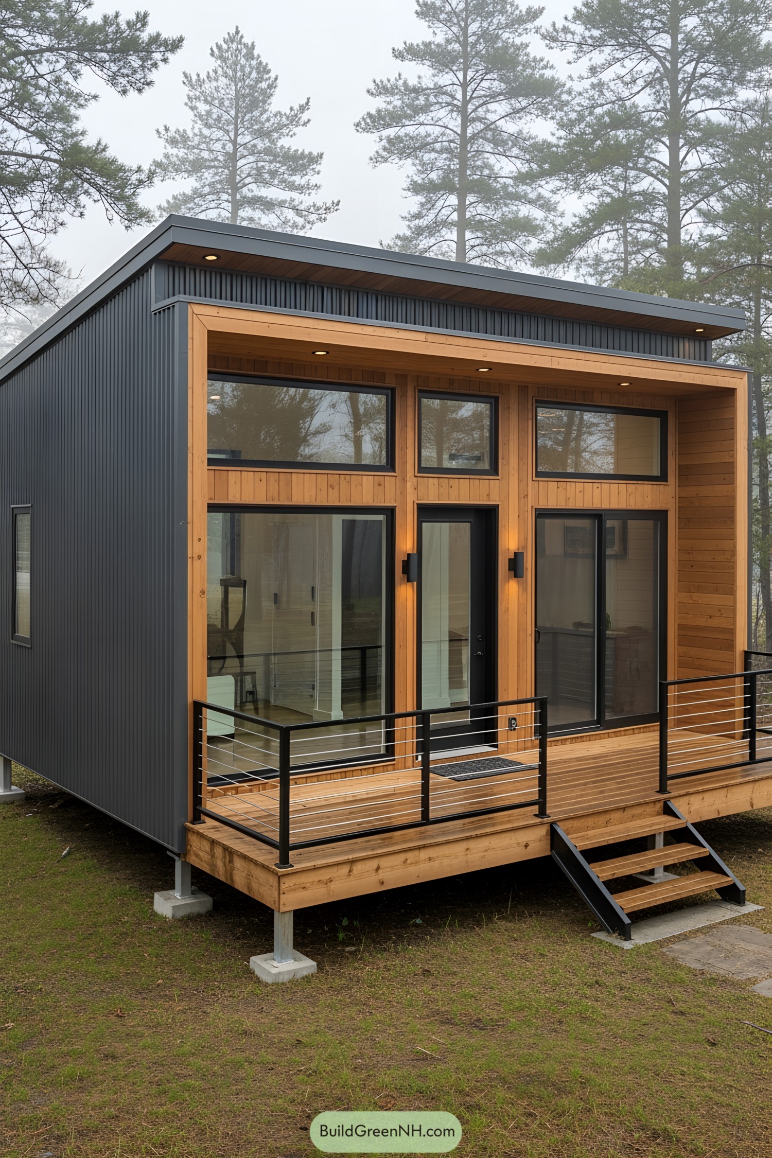 Compact container home with large windows and a wooden deck