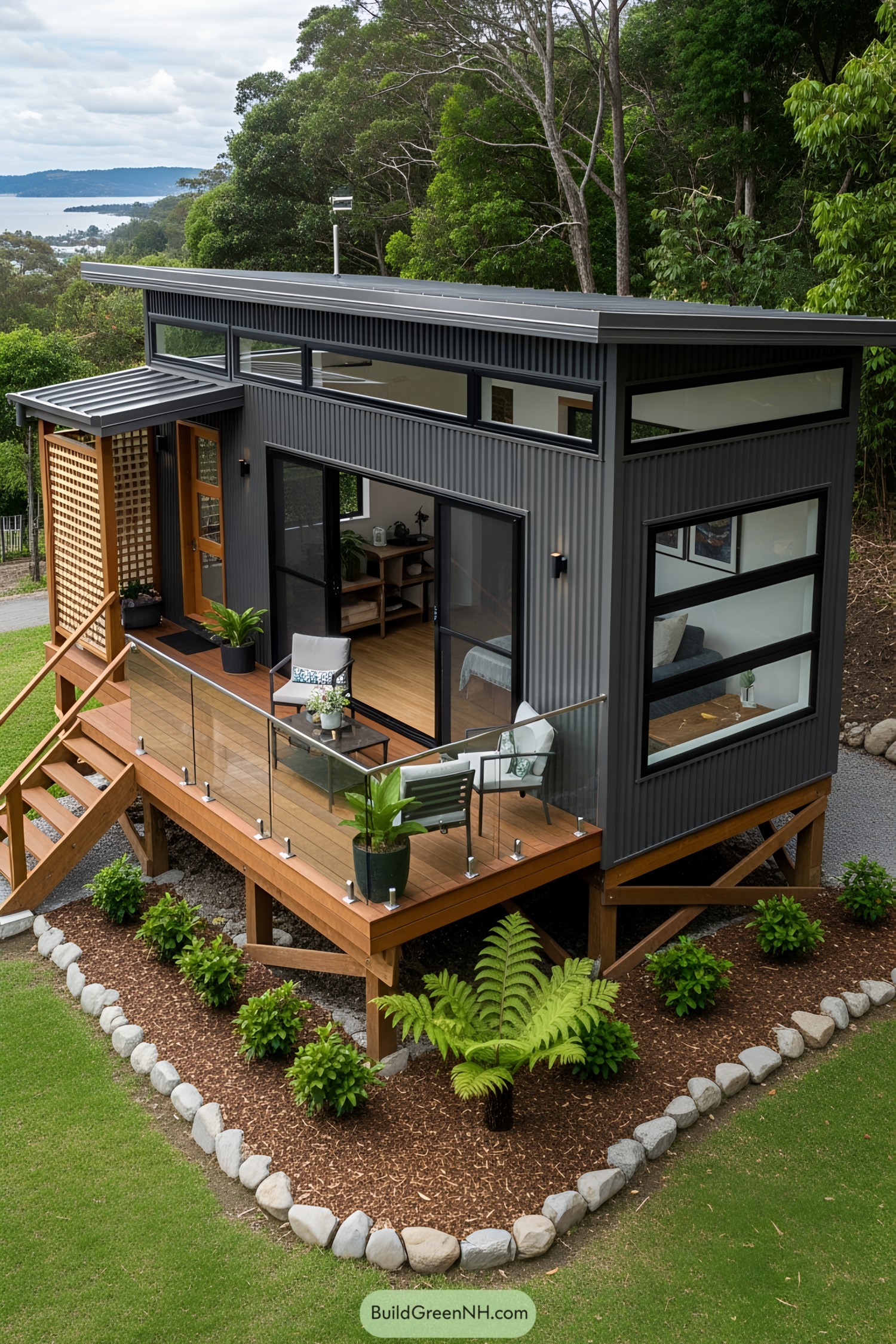 Compact modern container home with a wooden deck