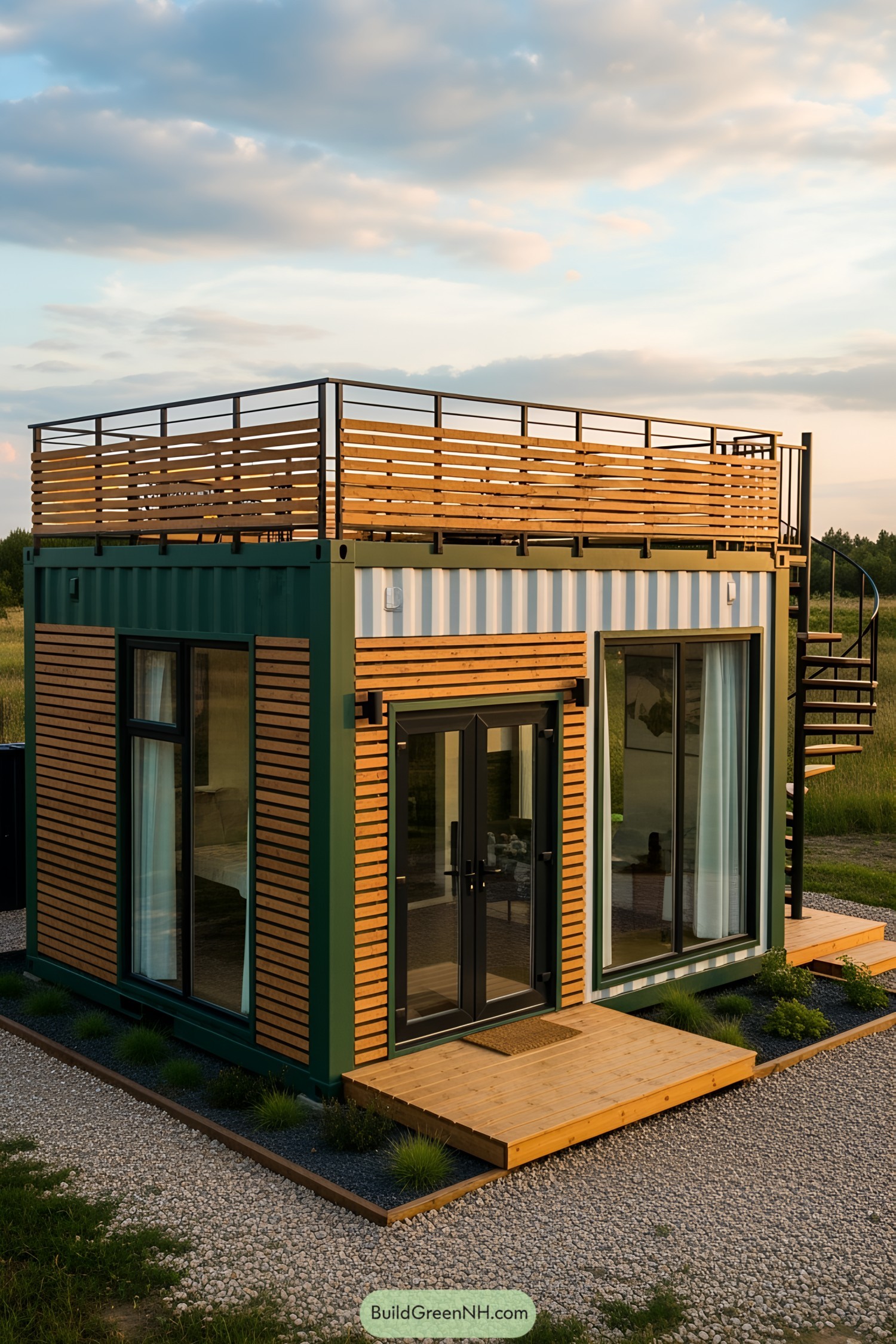A tiny container house with wooden accents and a rooftop deck