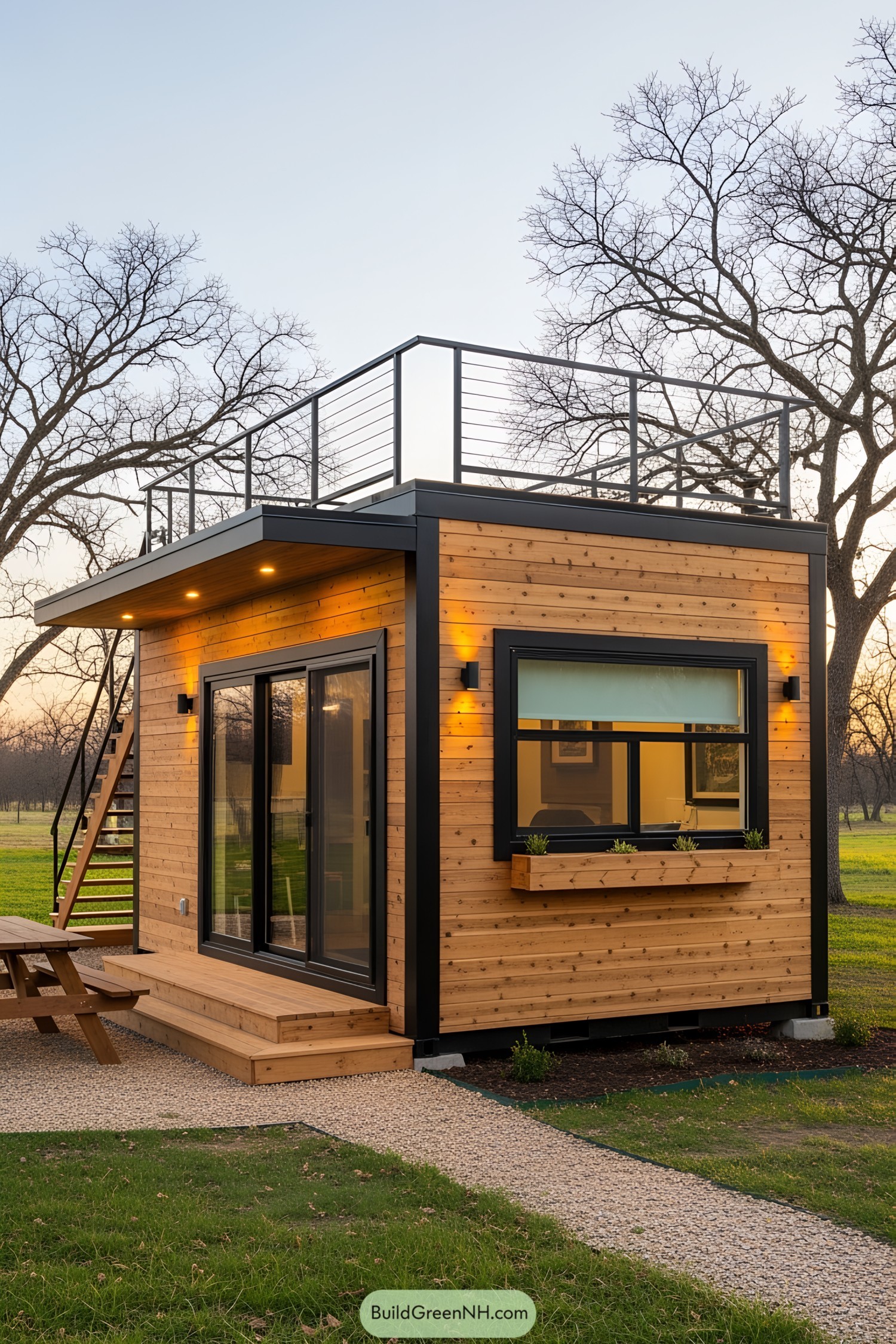 Small wooden container house with rooftop deck