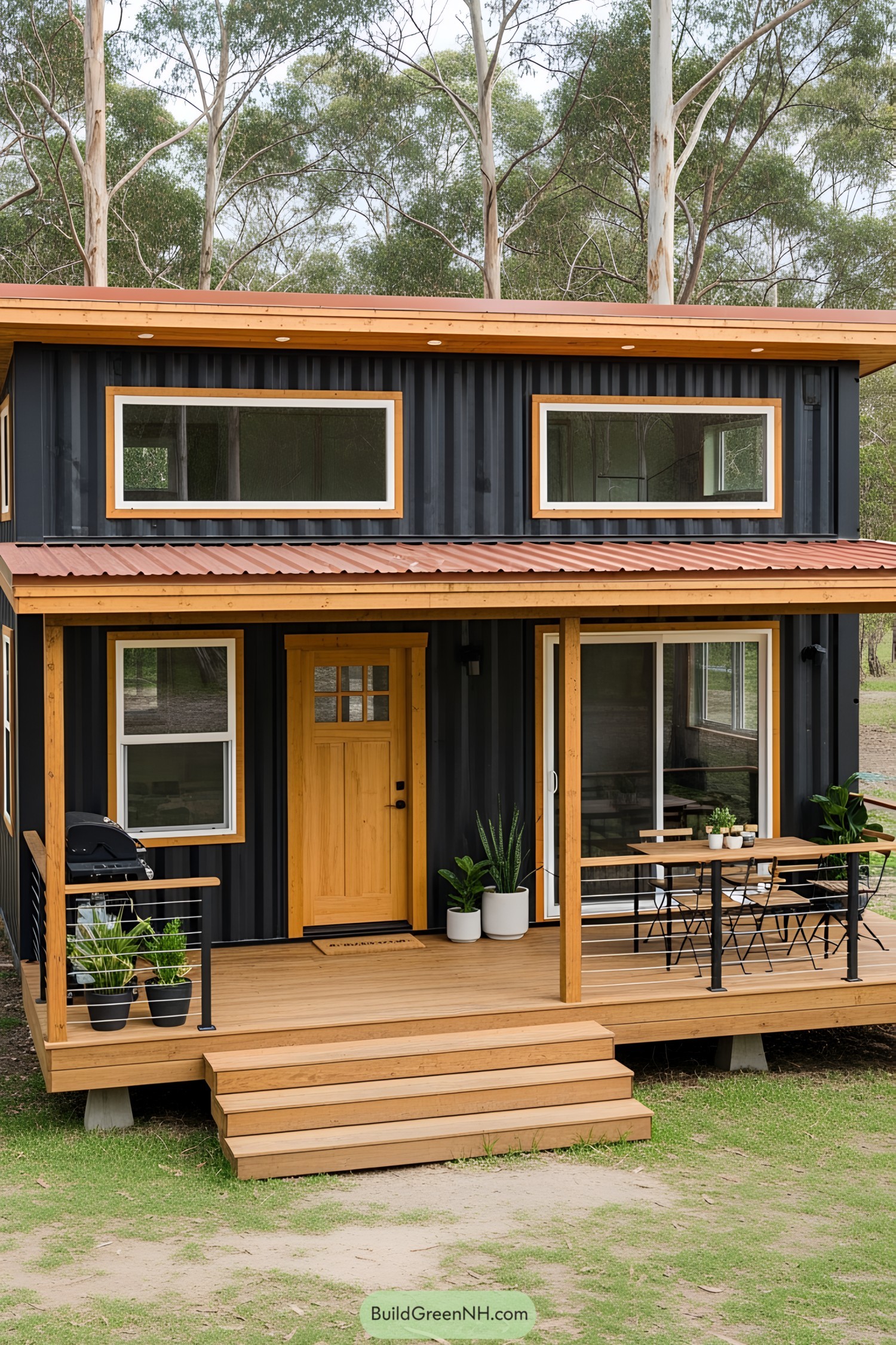Modern container house with porch and plants
