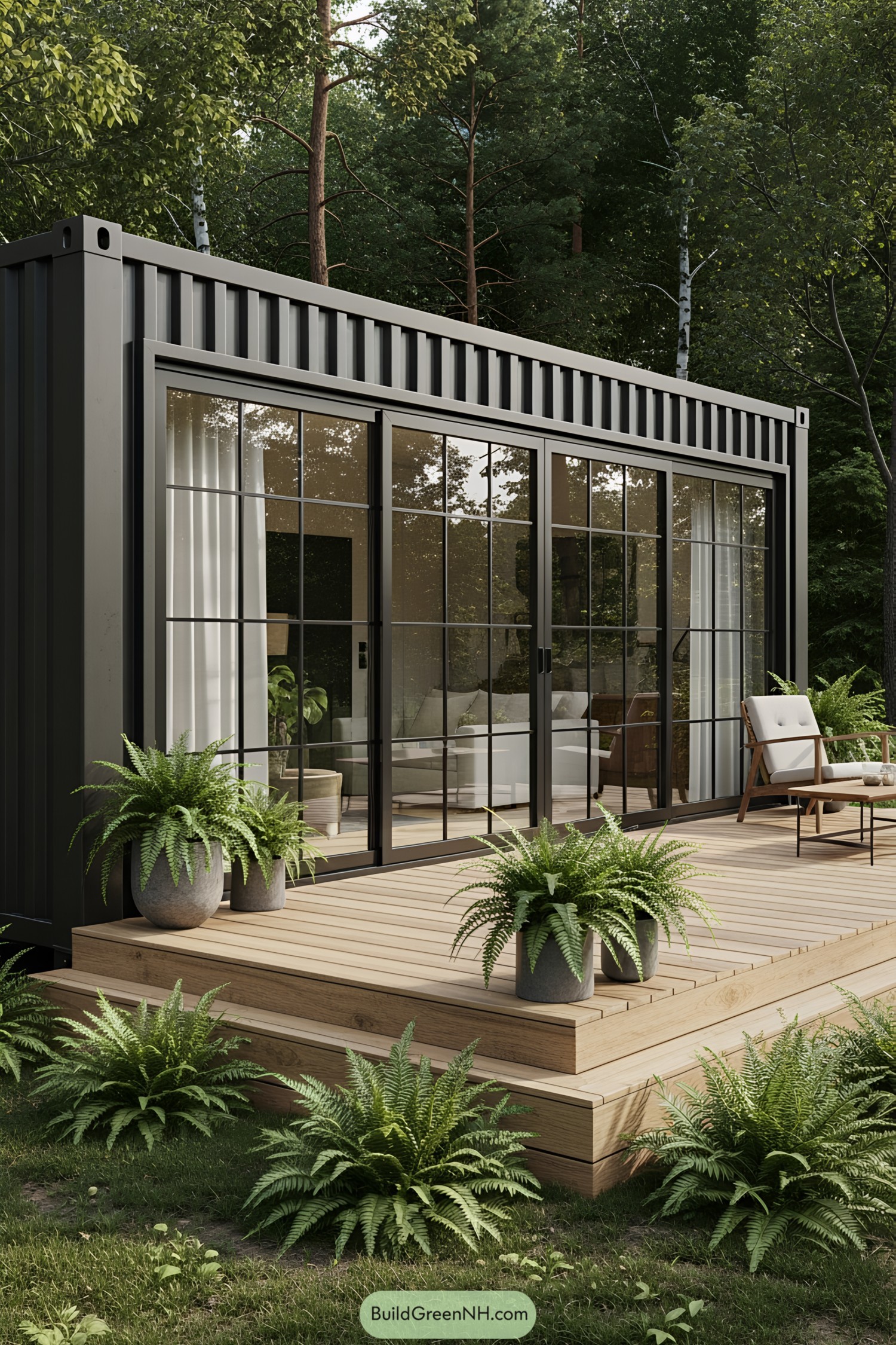 Modern container house with glass doors and a wooden deck