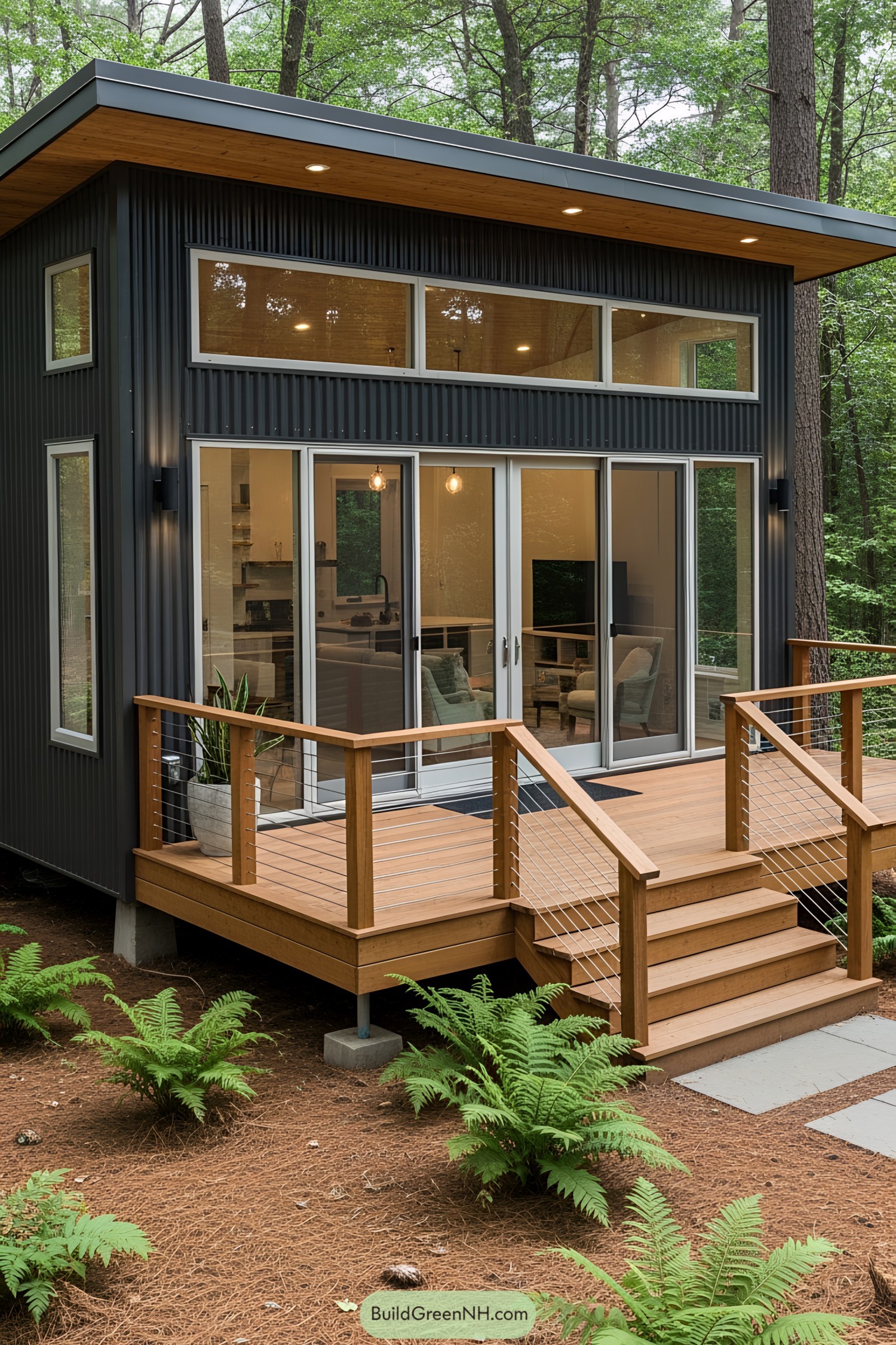 Tiny container house with wood deck in the forest