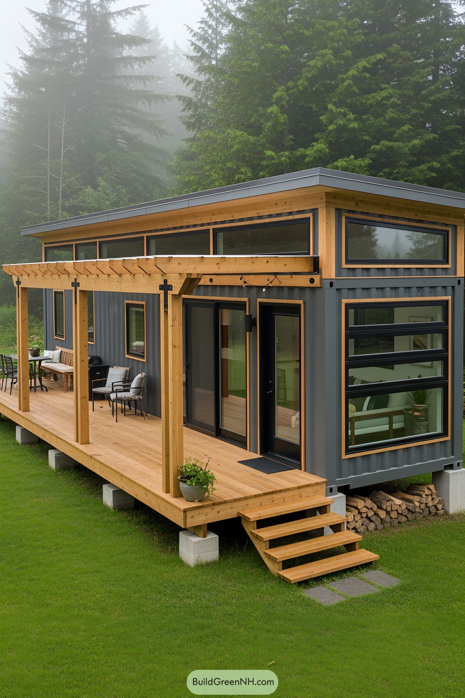Compact container house with wooden porch