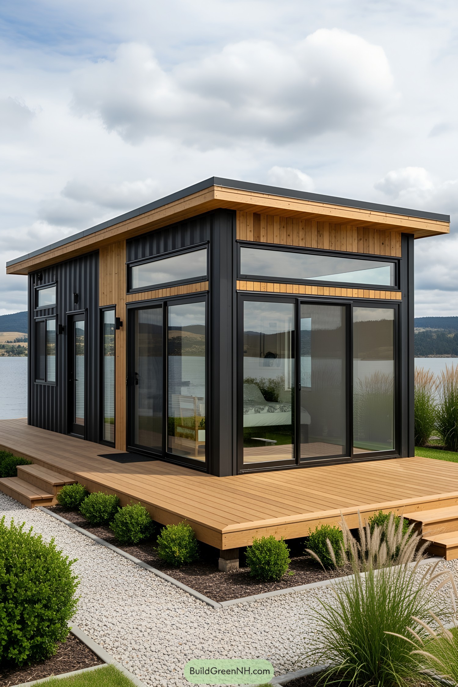 Small container house with large windows and wood accents by a lake
