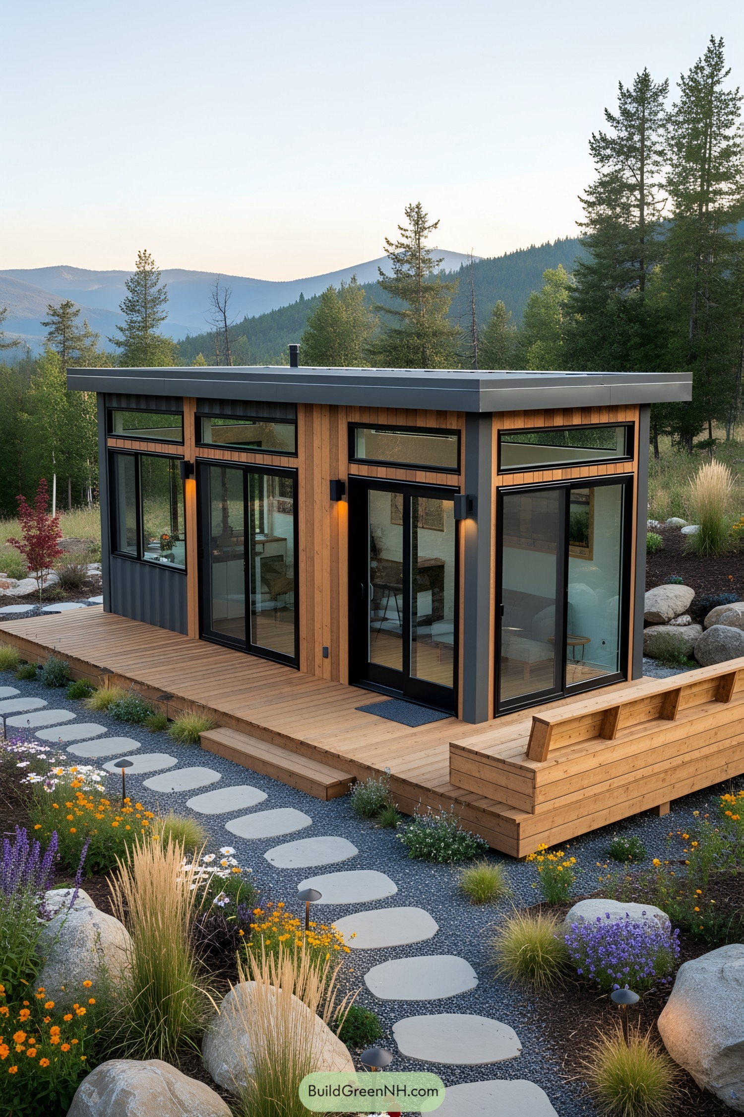 Compact container home with a modern design in a natural setting