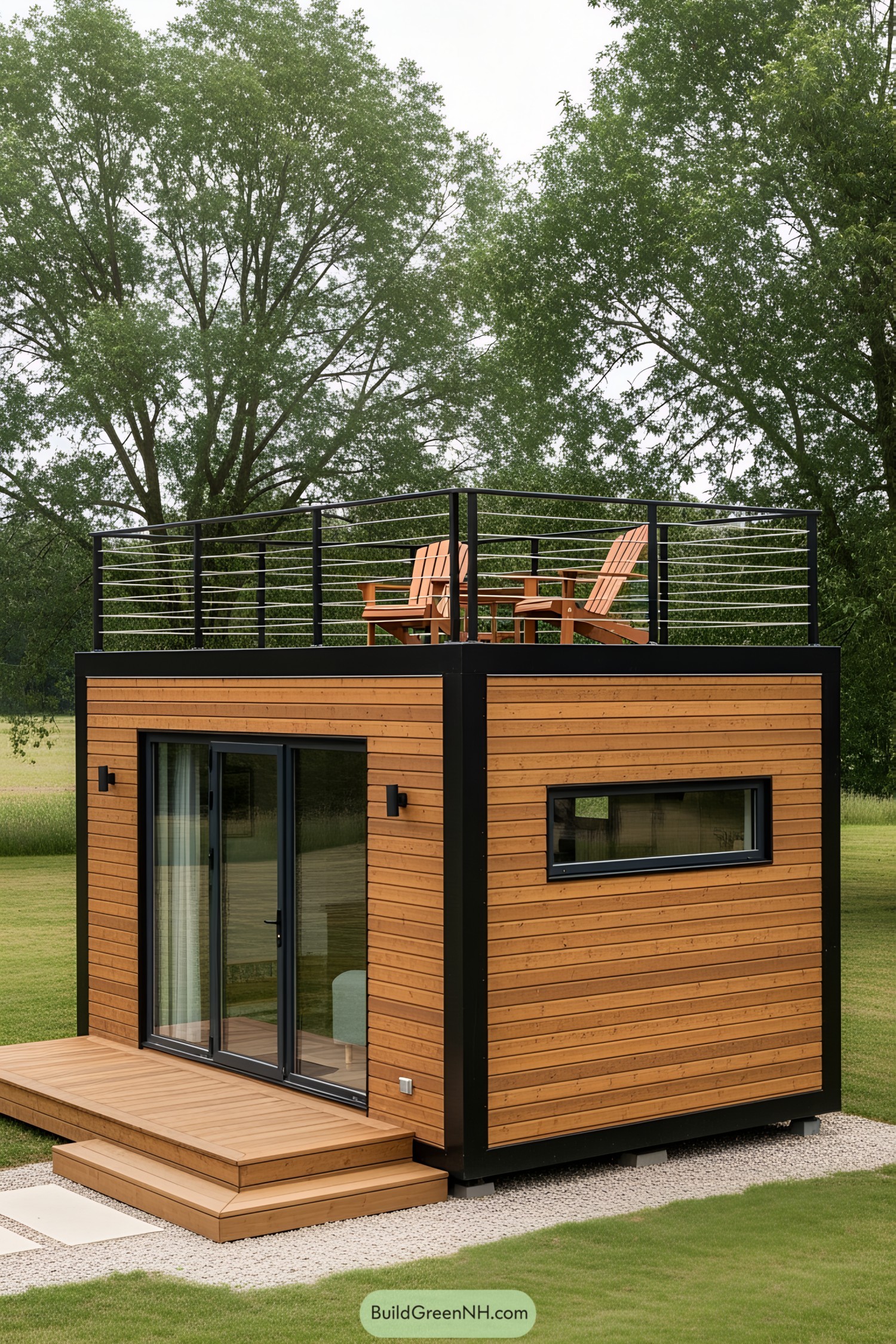 Small wooden container house with rooftop sitting area