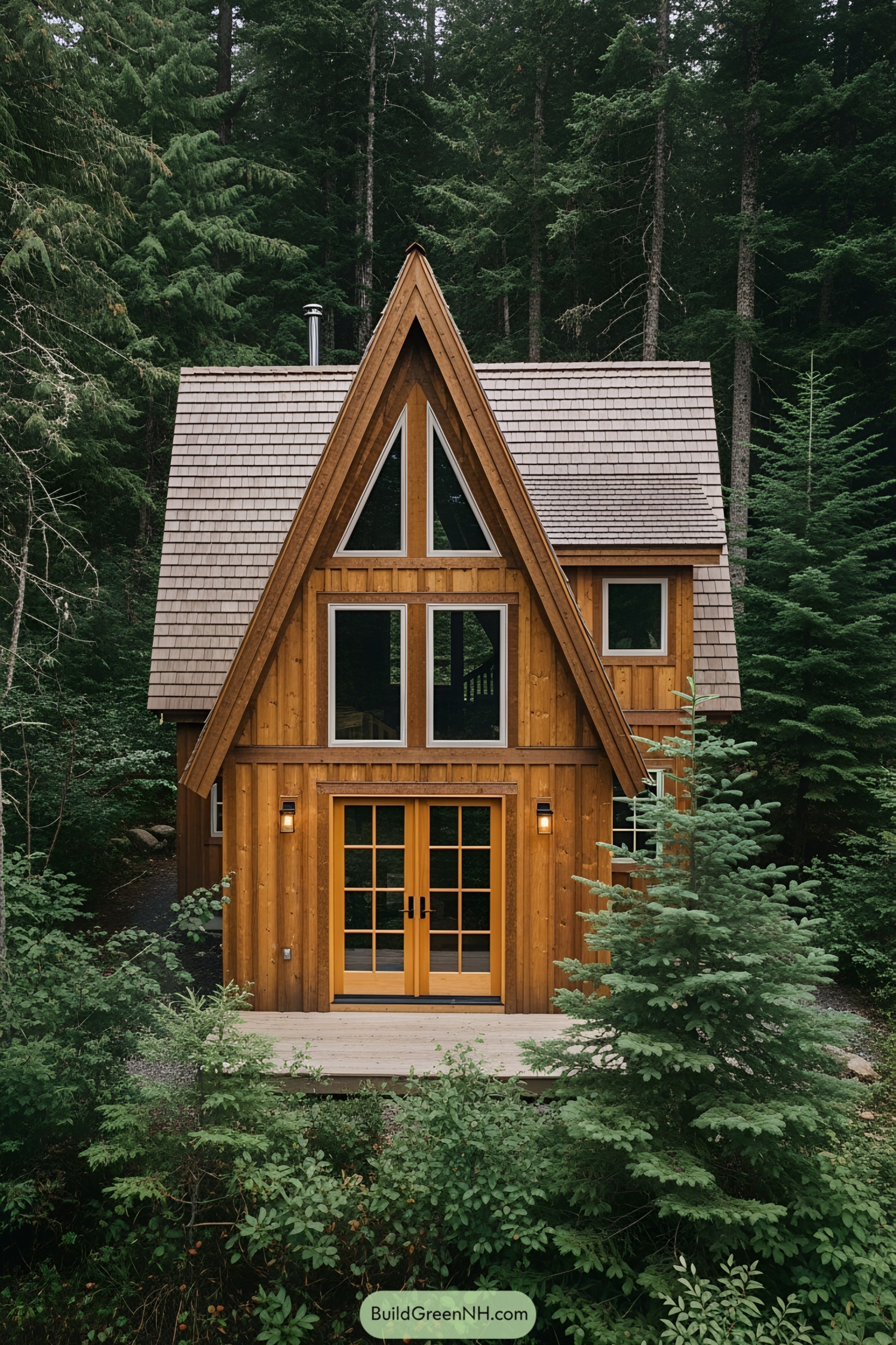 A cozy A-frame cabin surrounded by forest