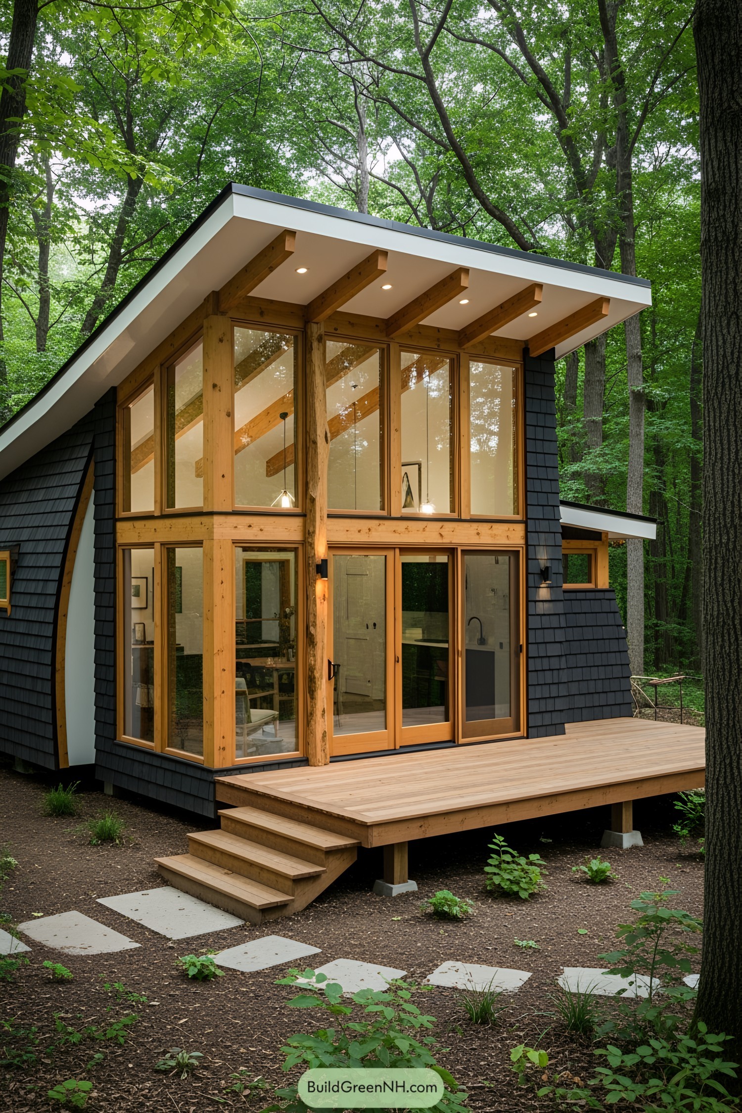 Small modern house with large glass windows nestled in a vibrant forest