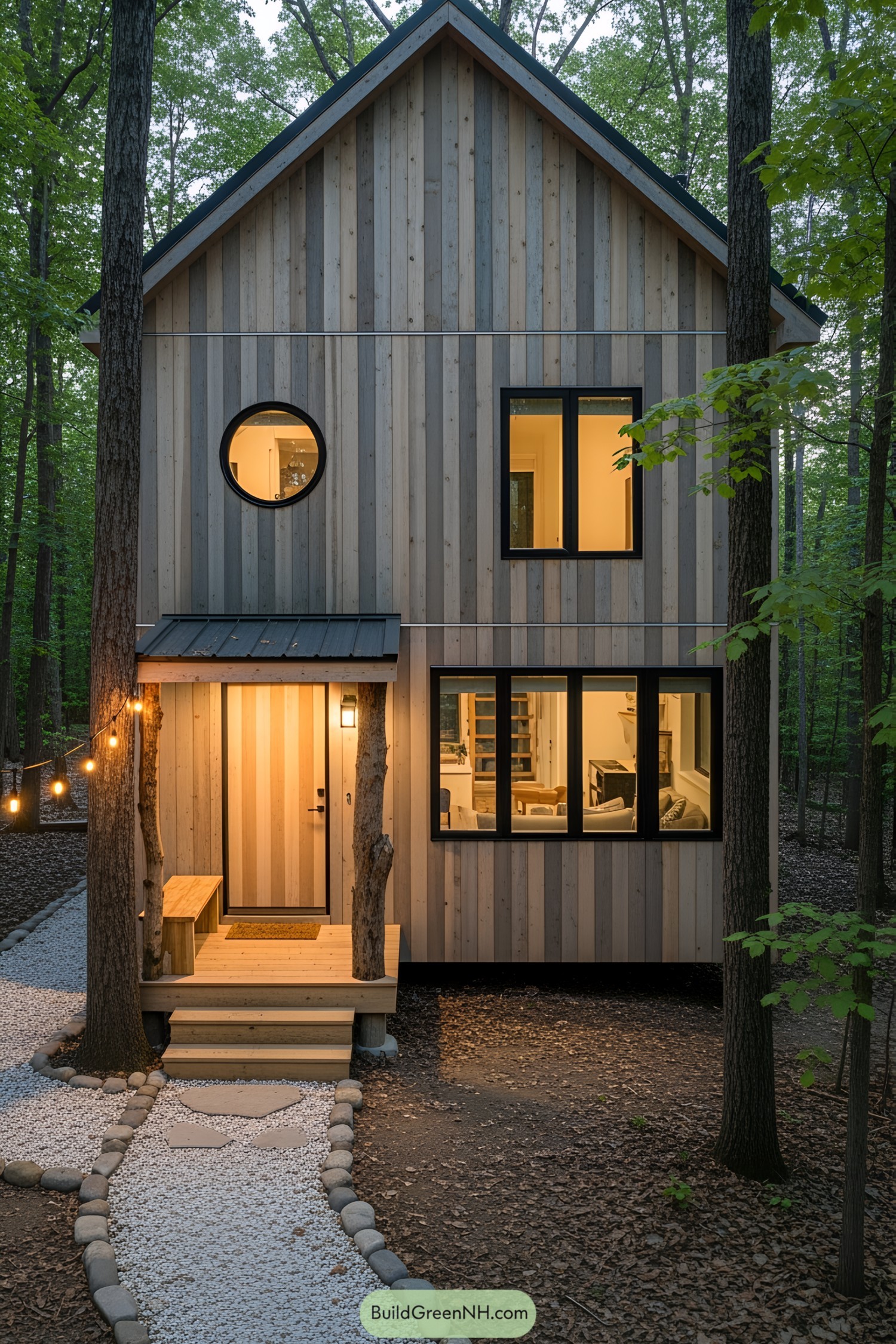 A charming cabin nestled among tall trees with a cozy porch and warm lights