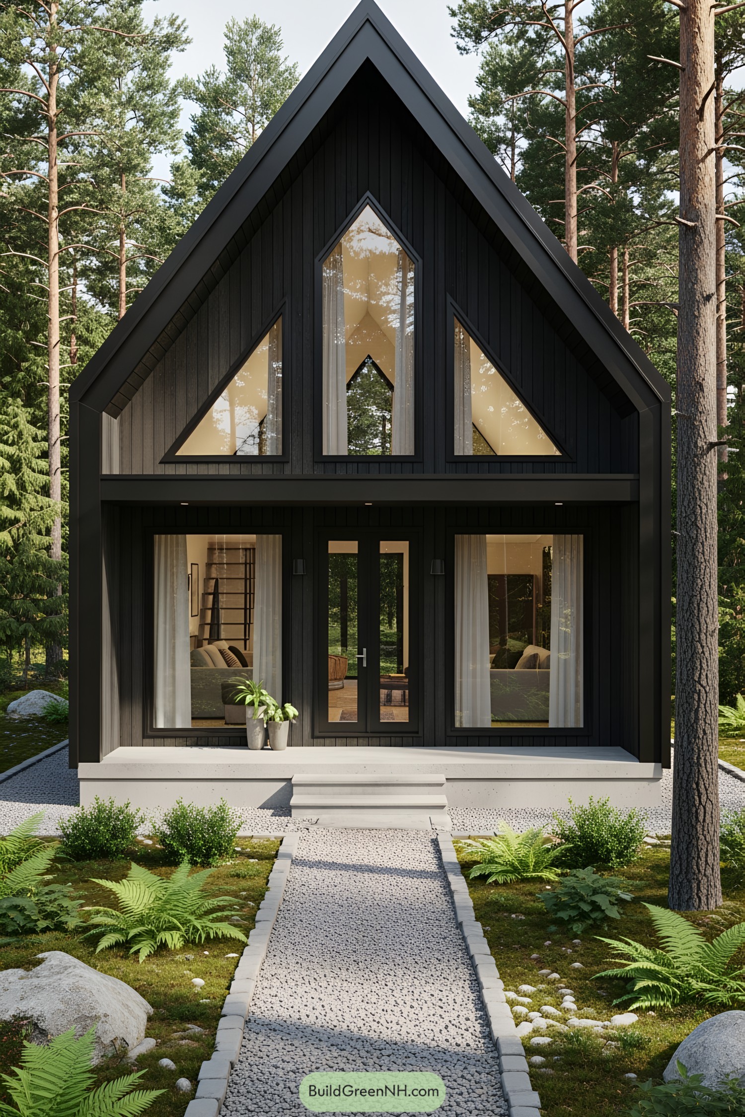 Small black cabin with large triangular windows in a forest clearing