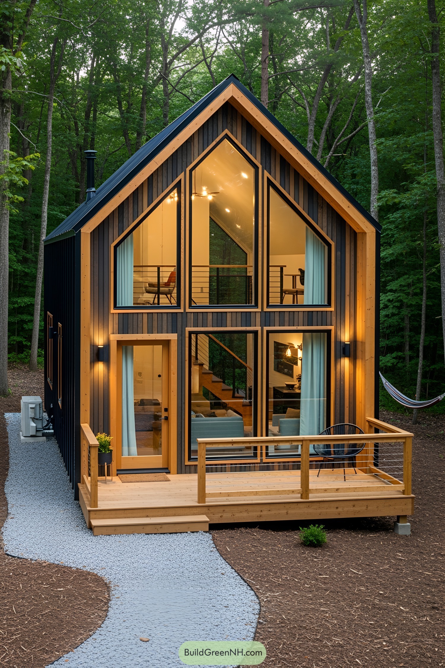 A-frame house with large windows in a forest setting