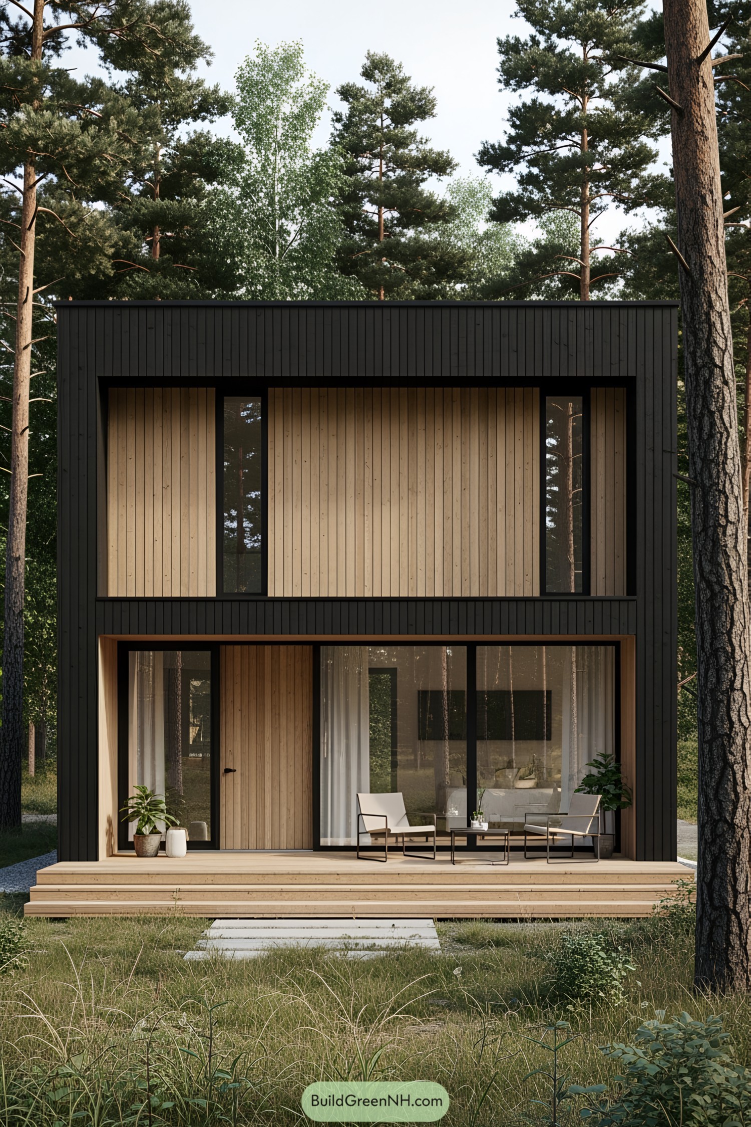Contemporary wooden house in the woods with a welcoming patio
