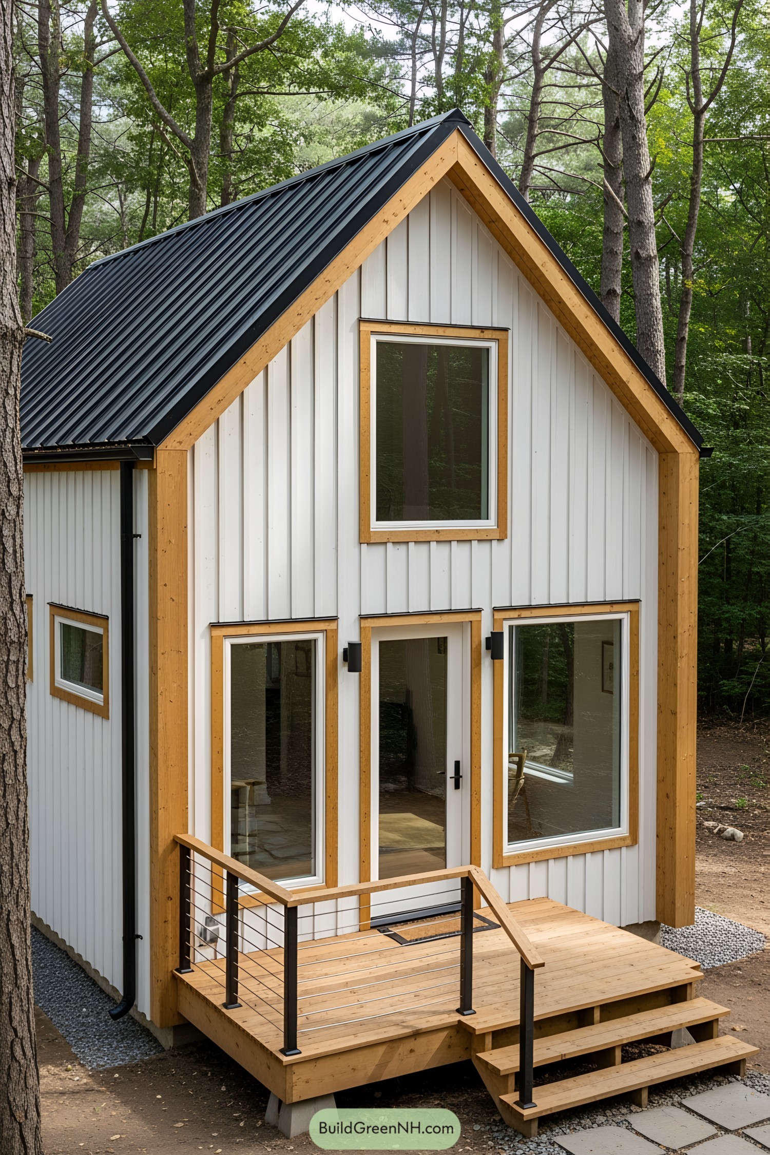 Small, modern cabin with wood accents nestled among trees