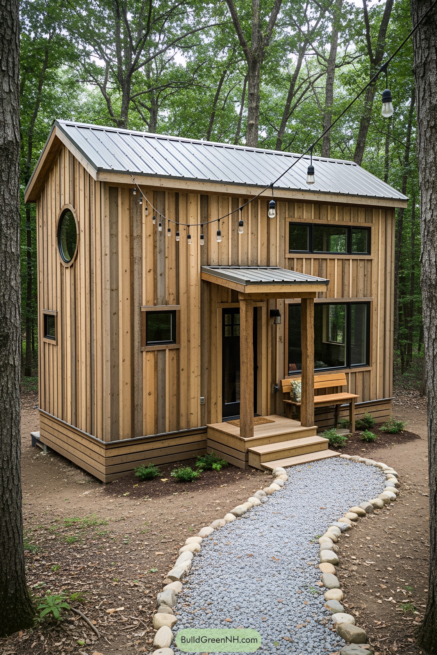 Small wooden cabin nestled among trees