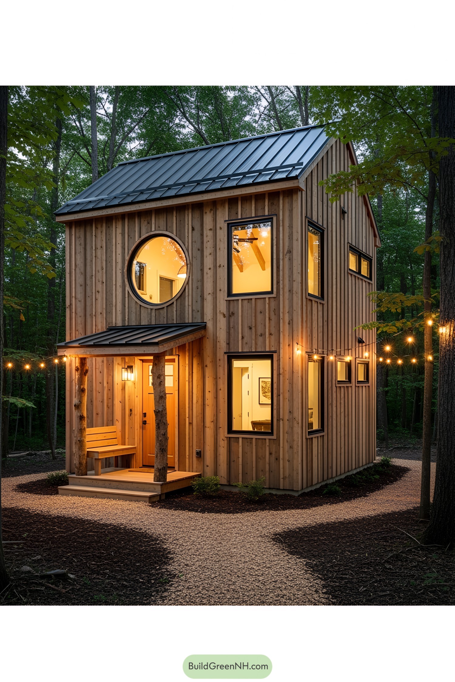 Cozy wooden cabin lit with warm lights in the forest