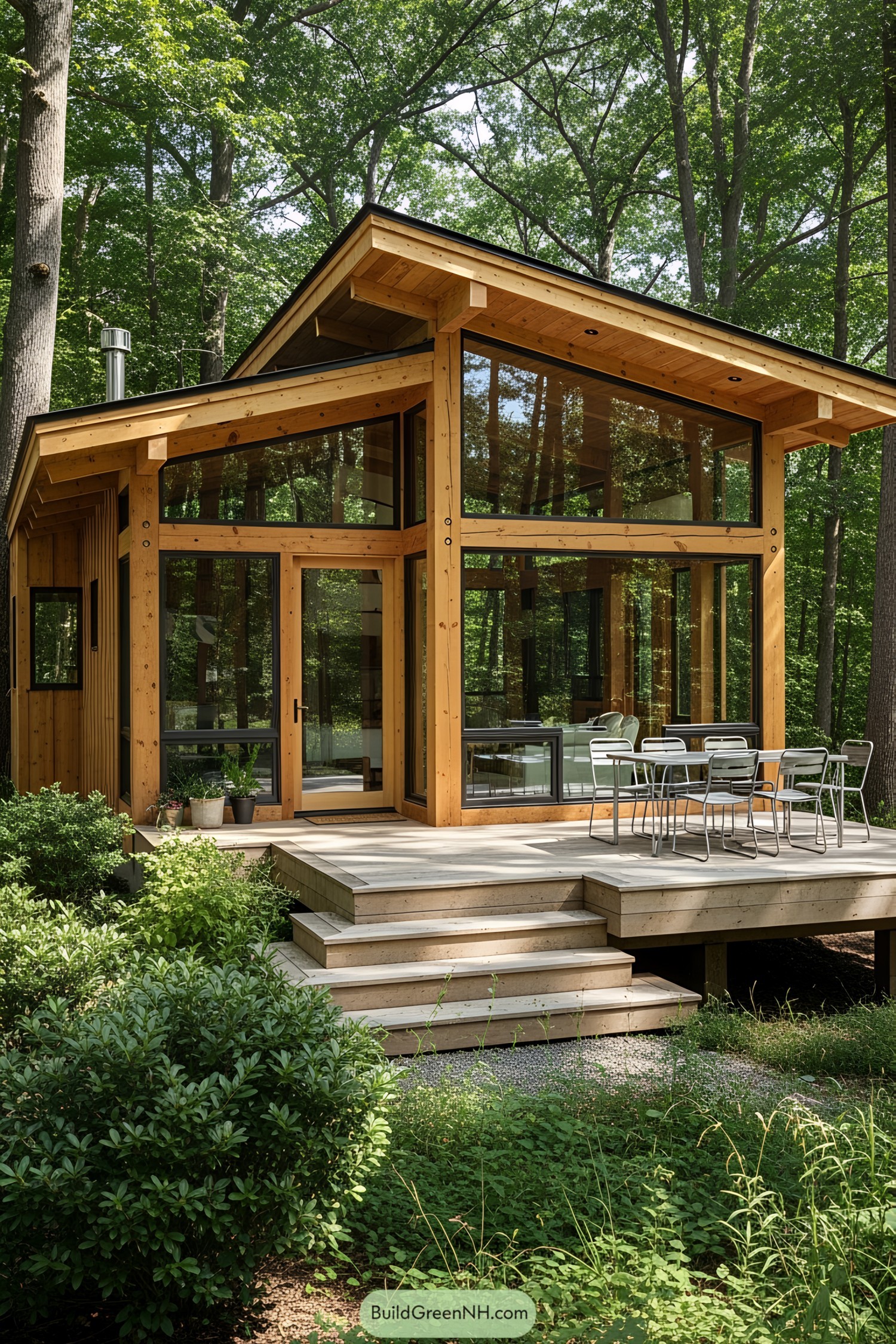 Wooden house with large windows surrounded by lush forest
