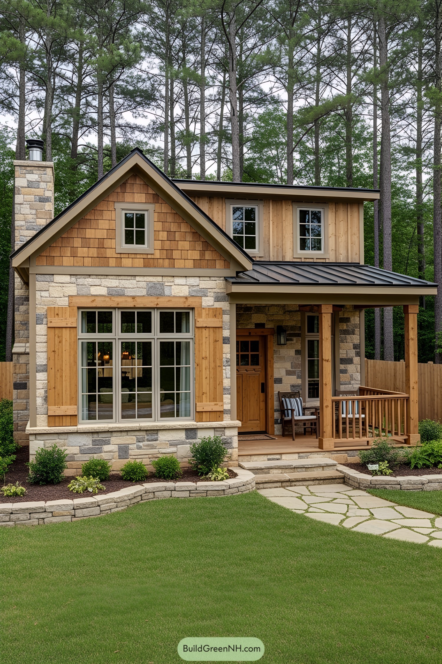 Cozy cabin surrounded by tall trees