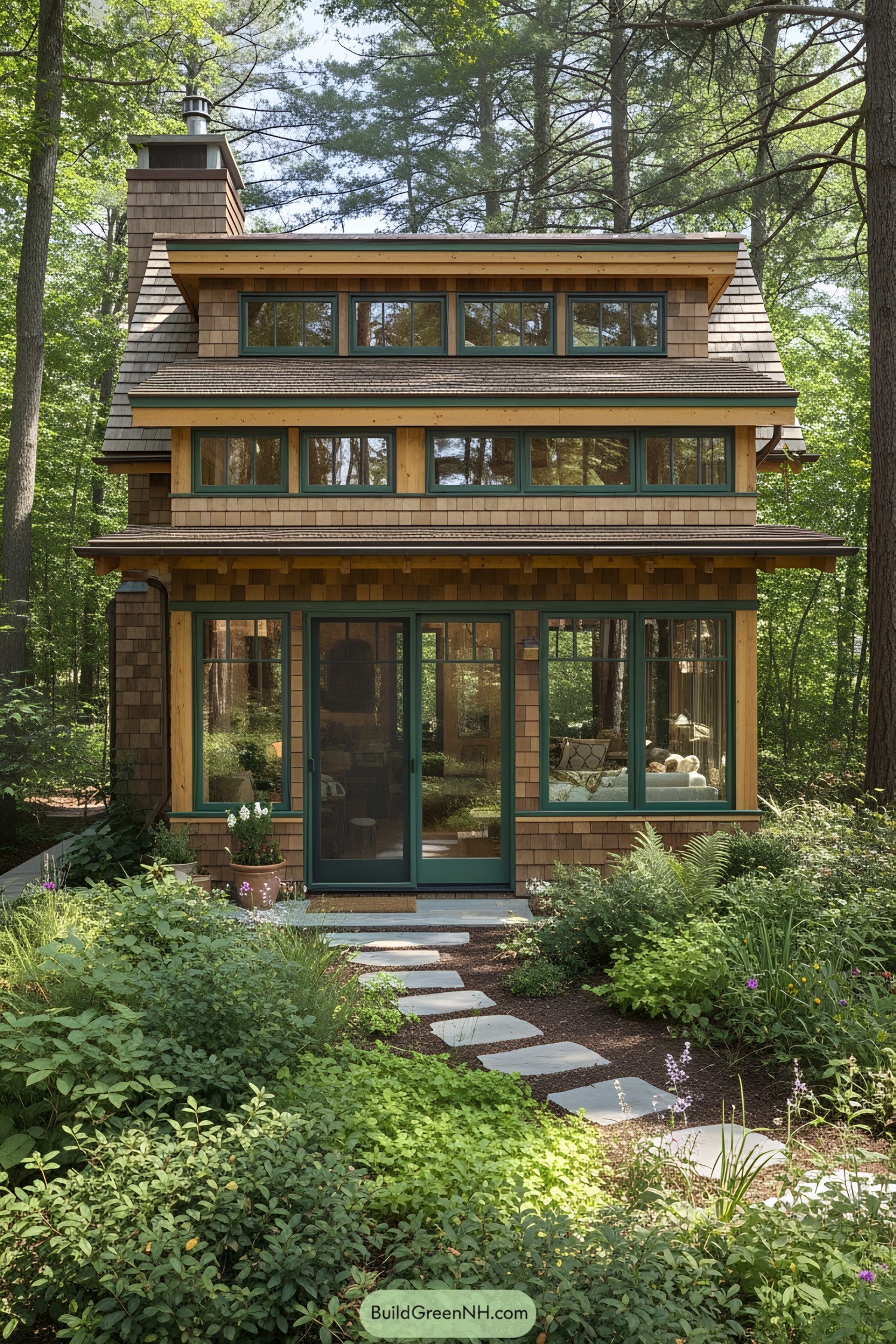 Compact wooden house amidst lush greenery
