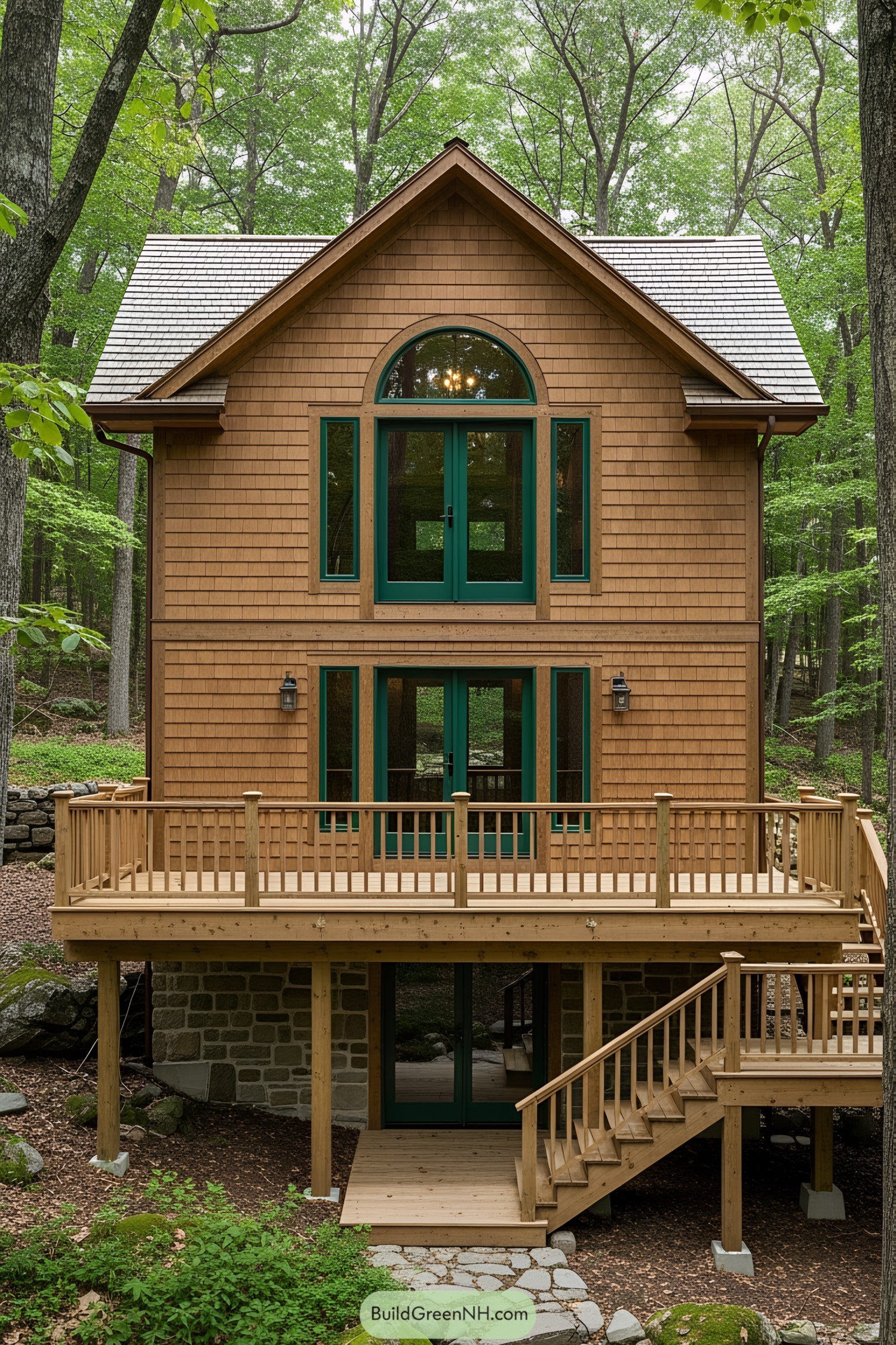 Rustic cabin nestled among trees with spacious deck