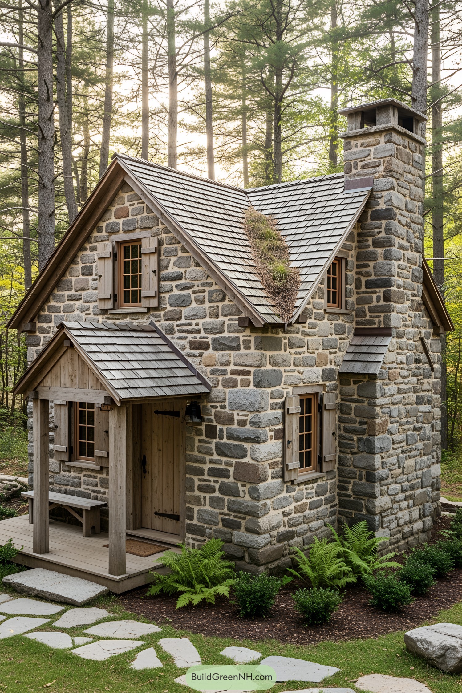 Cozy stone cabin nestled in a forest