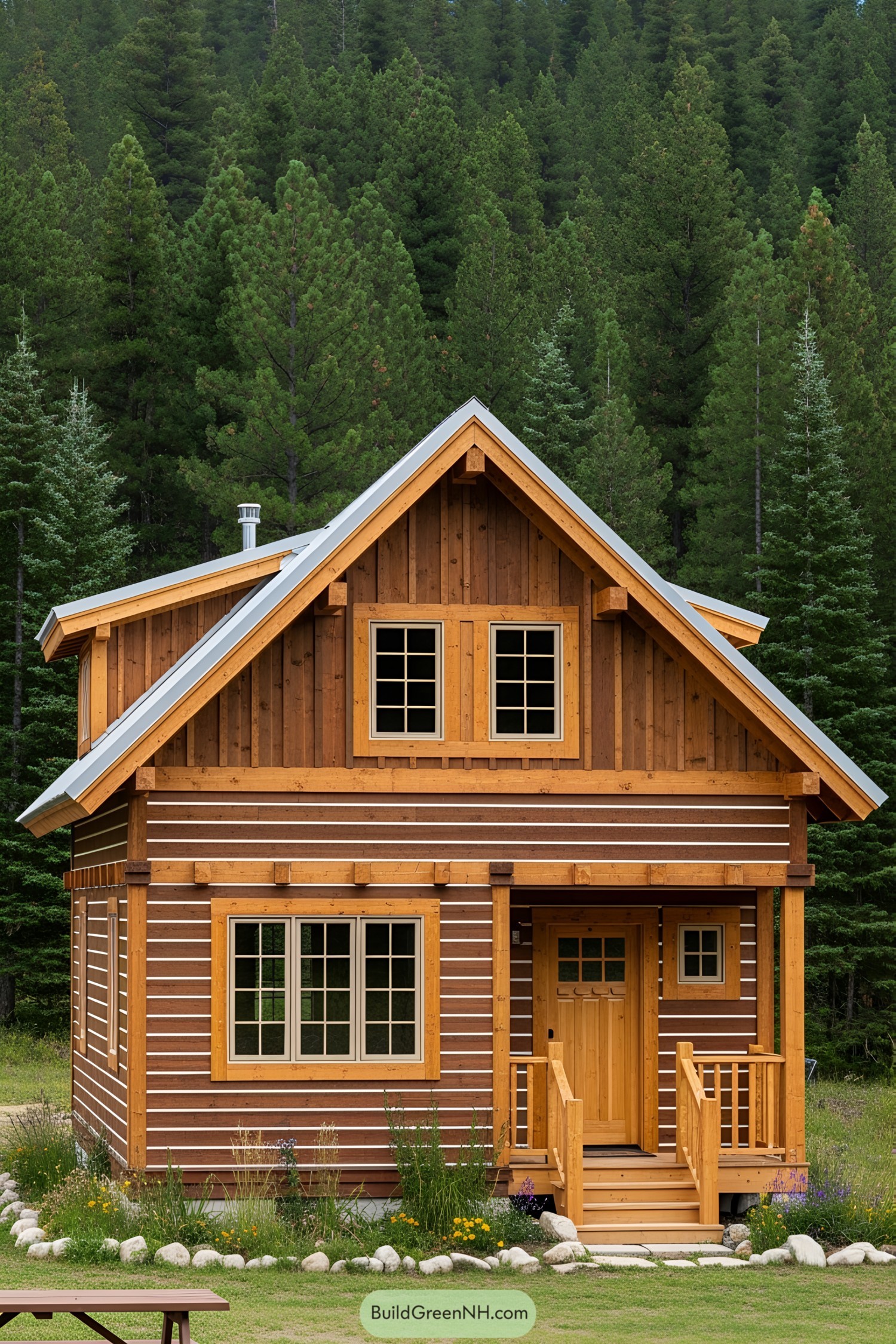 Charming small wooden house surrounded by lush forest