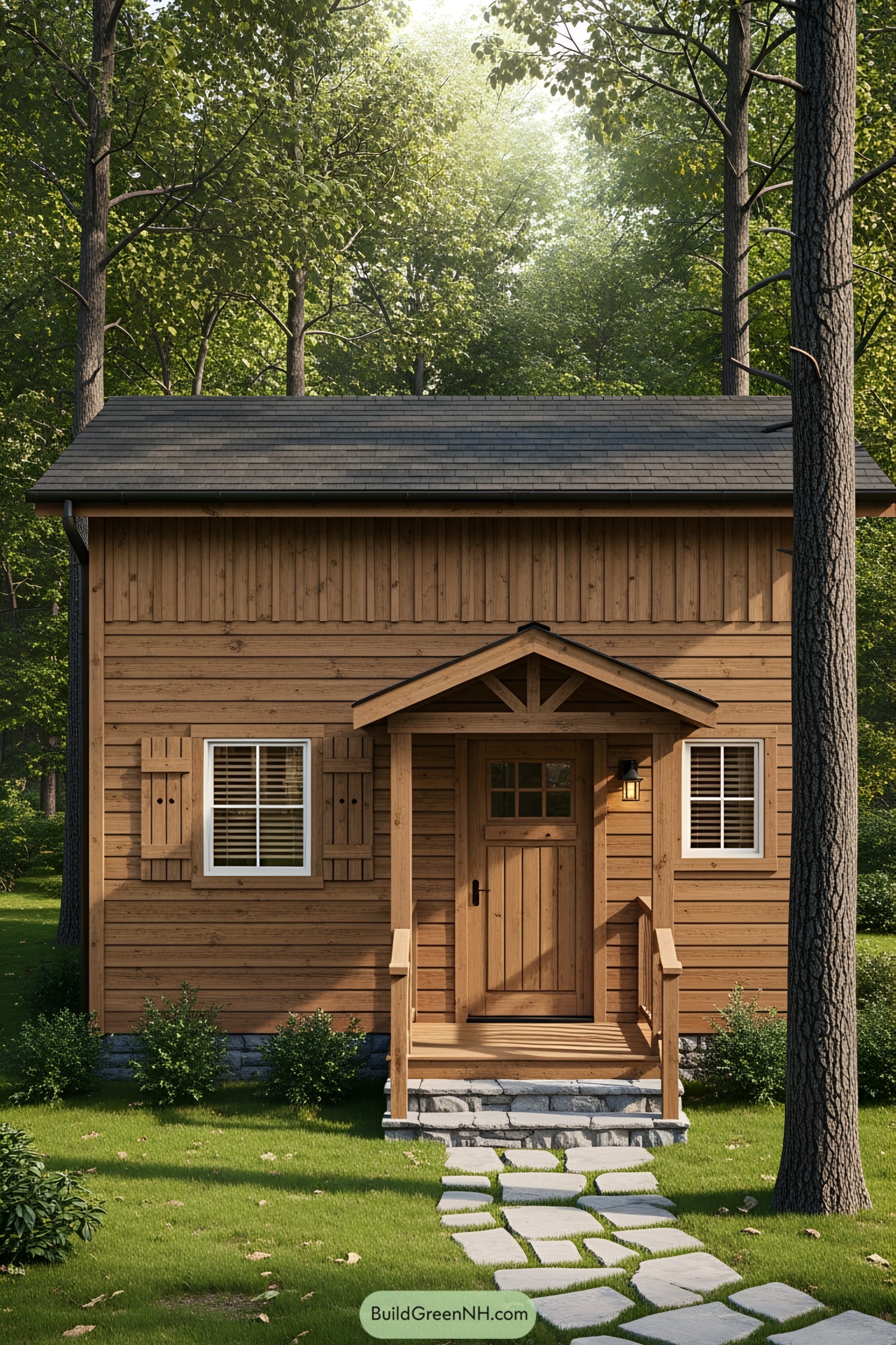Wooden cabin in a forest setting with a stone path