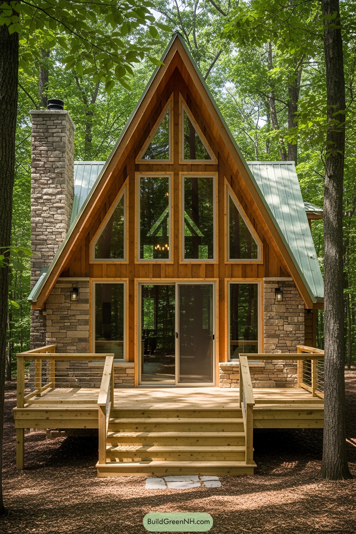 Cozy wooden cabin with A-frame architecture in the woods