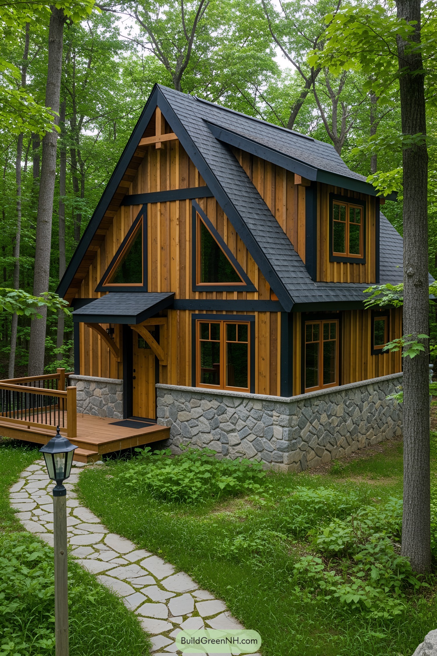 A-frame cabin with wooden and stone exterior in forest