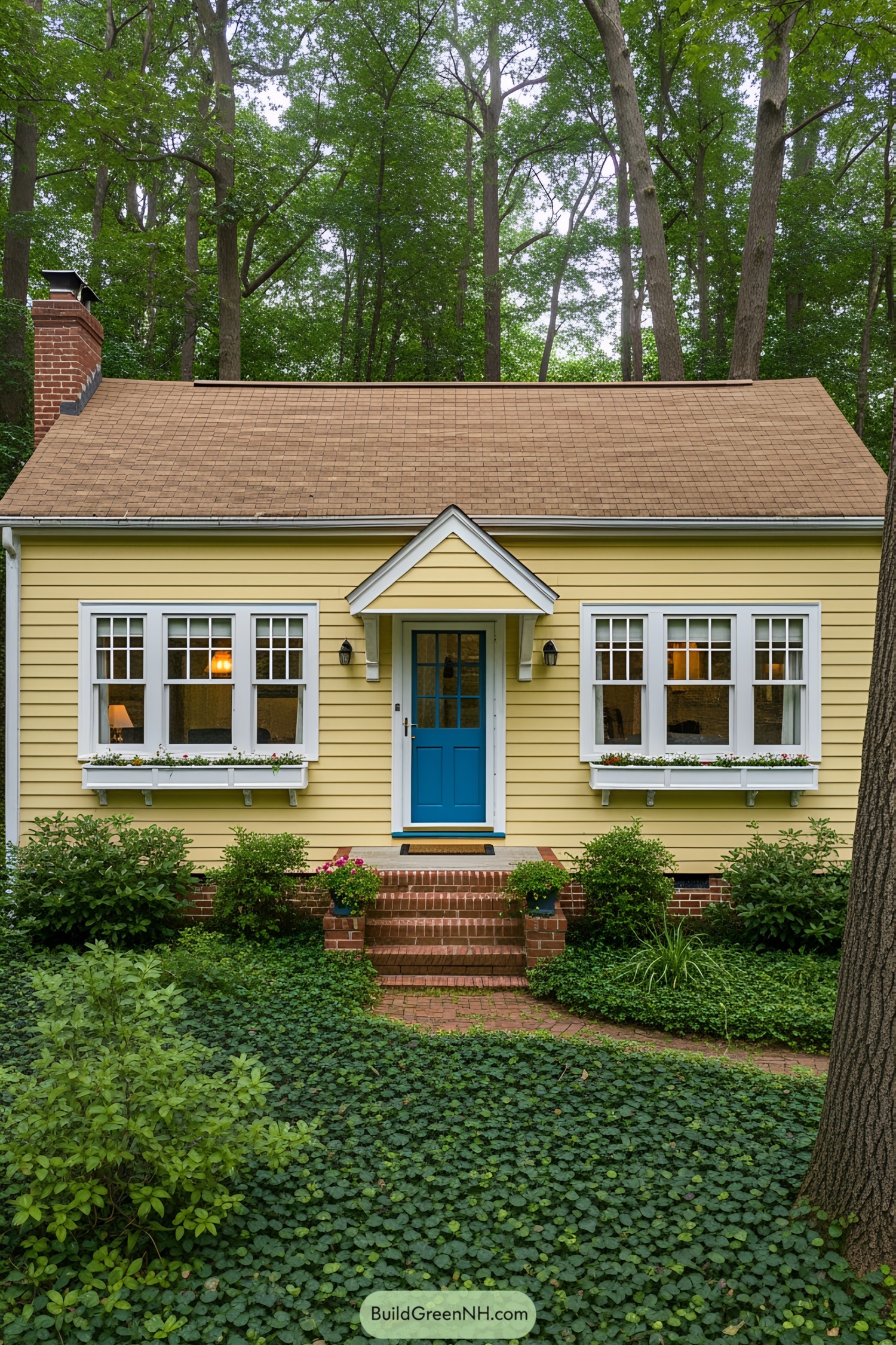 Charming small yellow house with a blue door in the woods