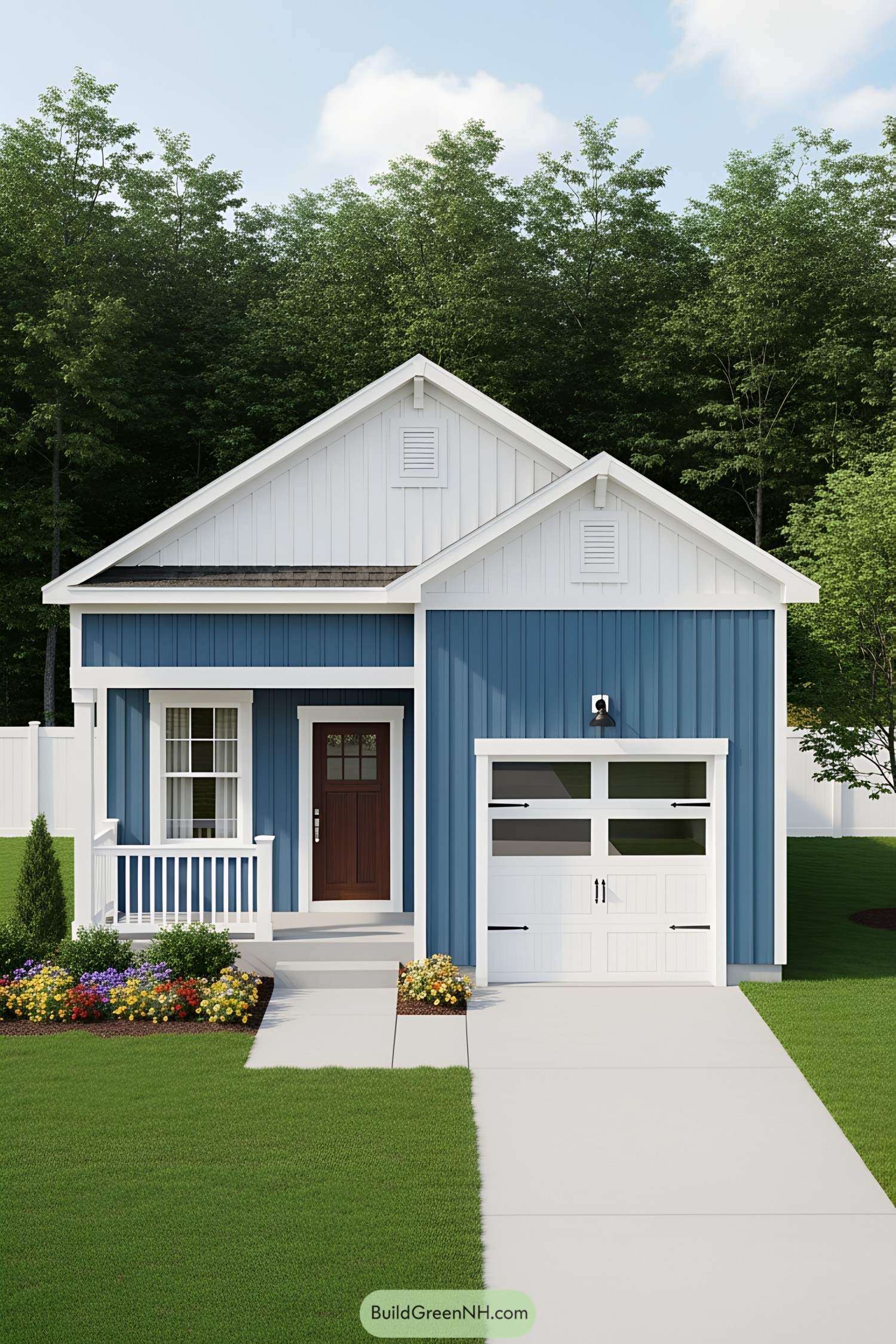 Cute small house beside a garage, surrounded by greenery