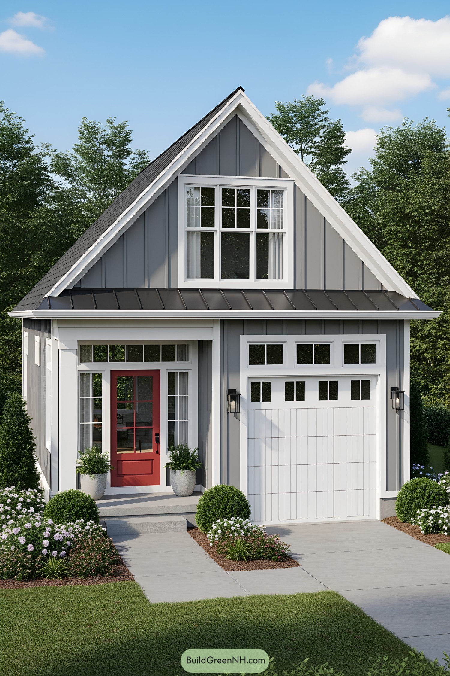 Charming small house with red door and attached garage