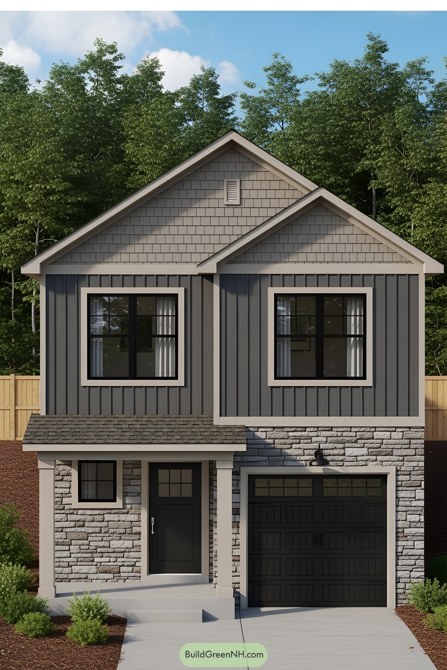 Small house with a compact garage and charming facade