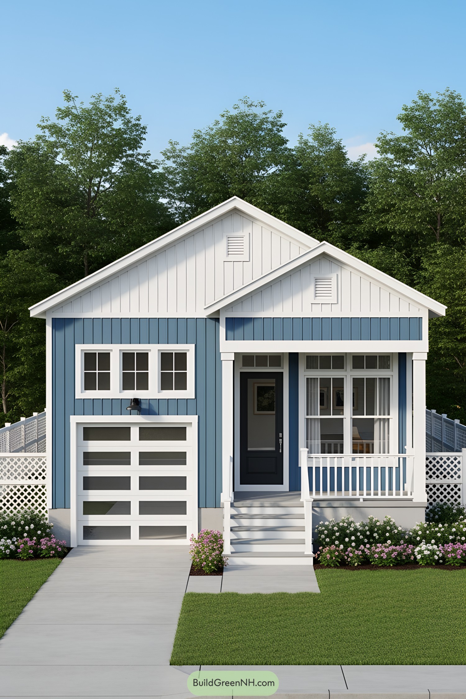 Small blue house with garage and porch
