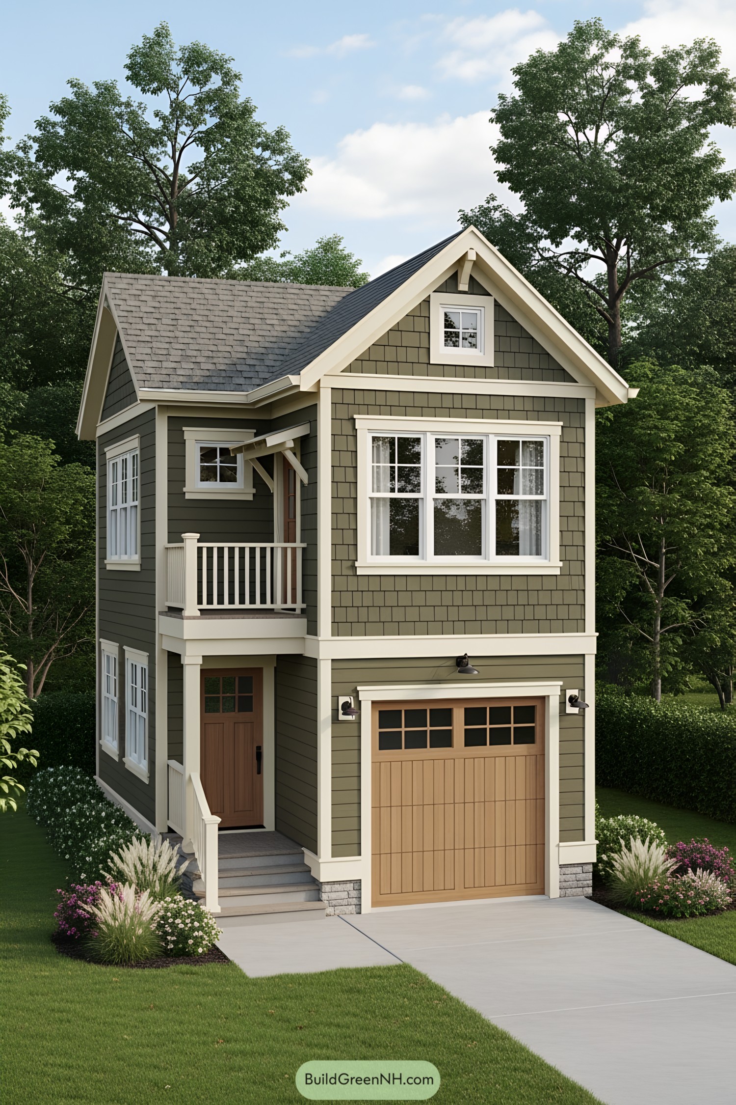 Two-story small house with a brown garage door