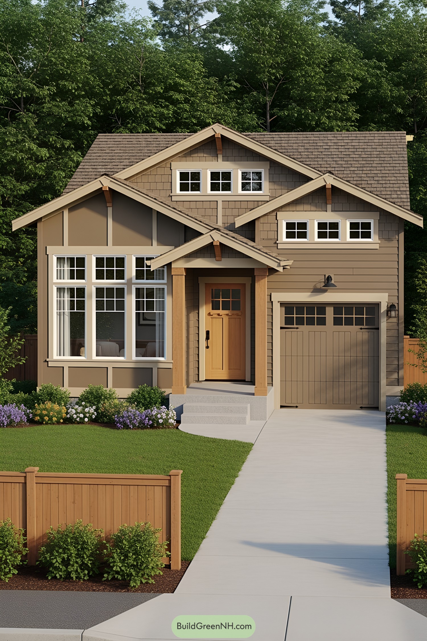 Compact brown house with attached garage and lush greenery