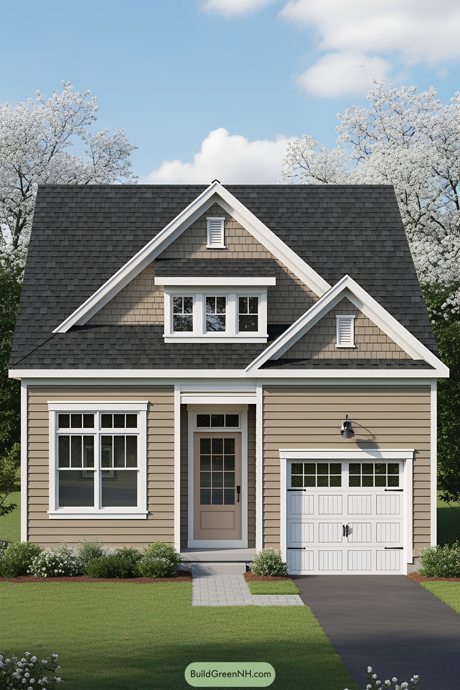 Small house with tan siding and attached white garage