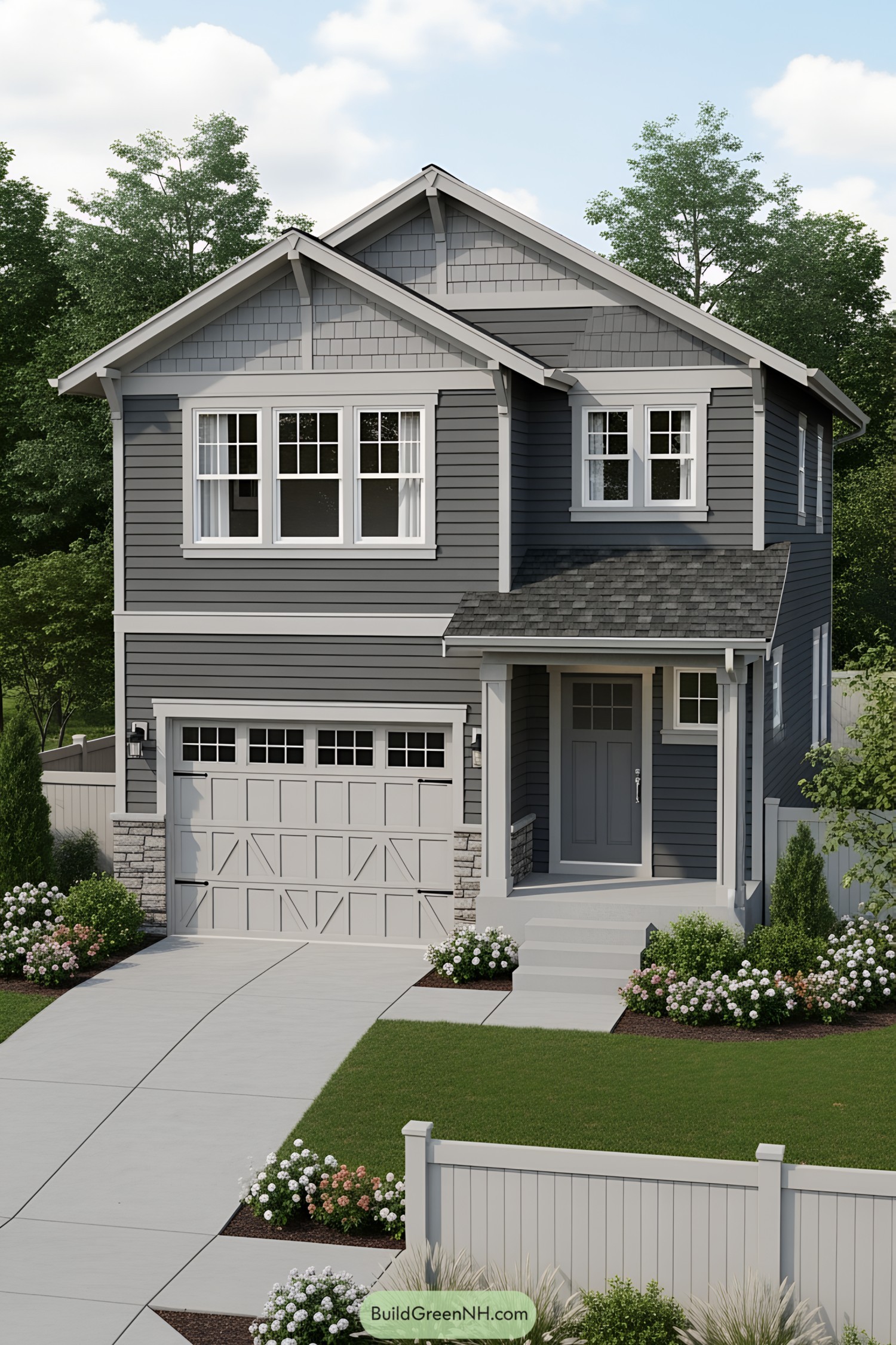 Small grey house with a garage and a tidy garden
