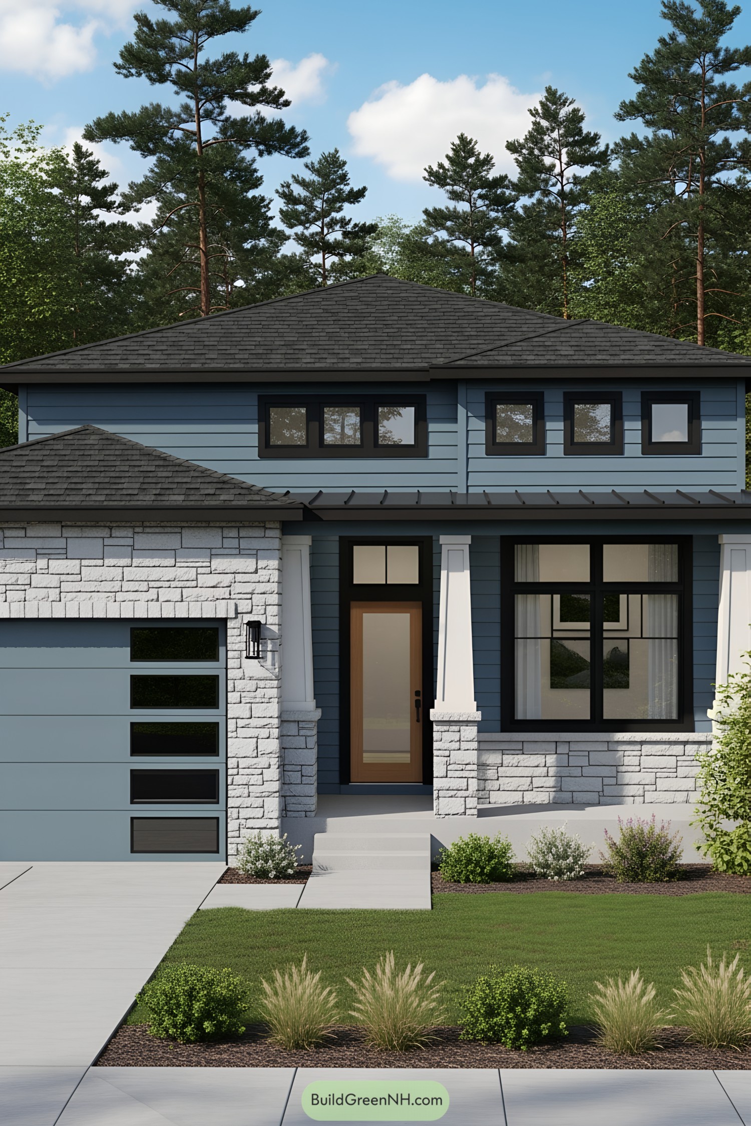 Neat blue house with garage and greenery