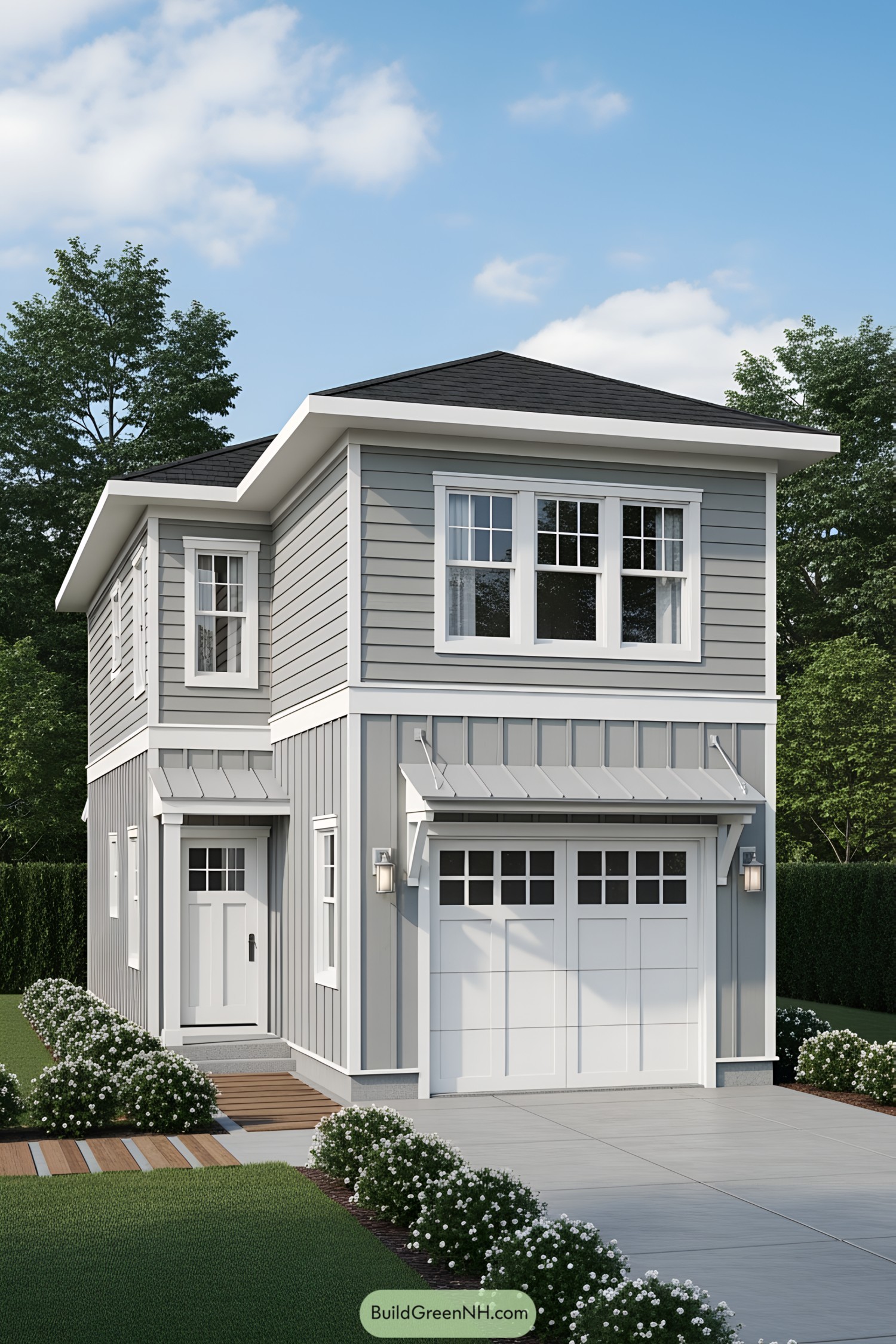Two-story gray house with a garage