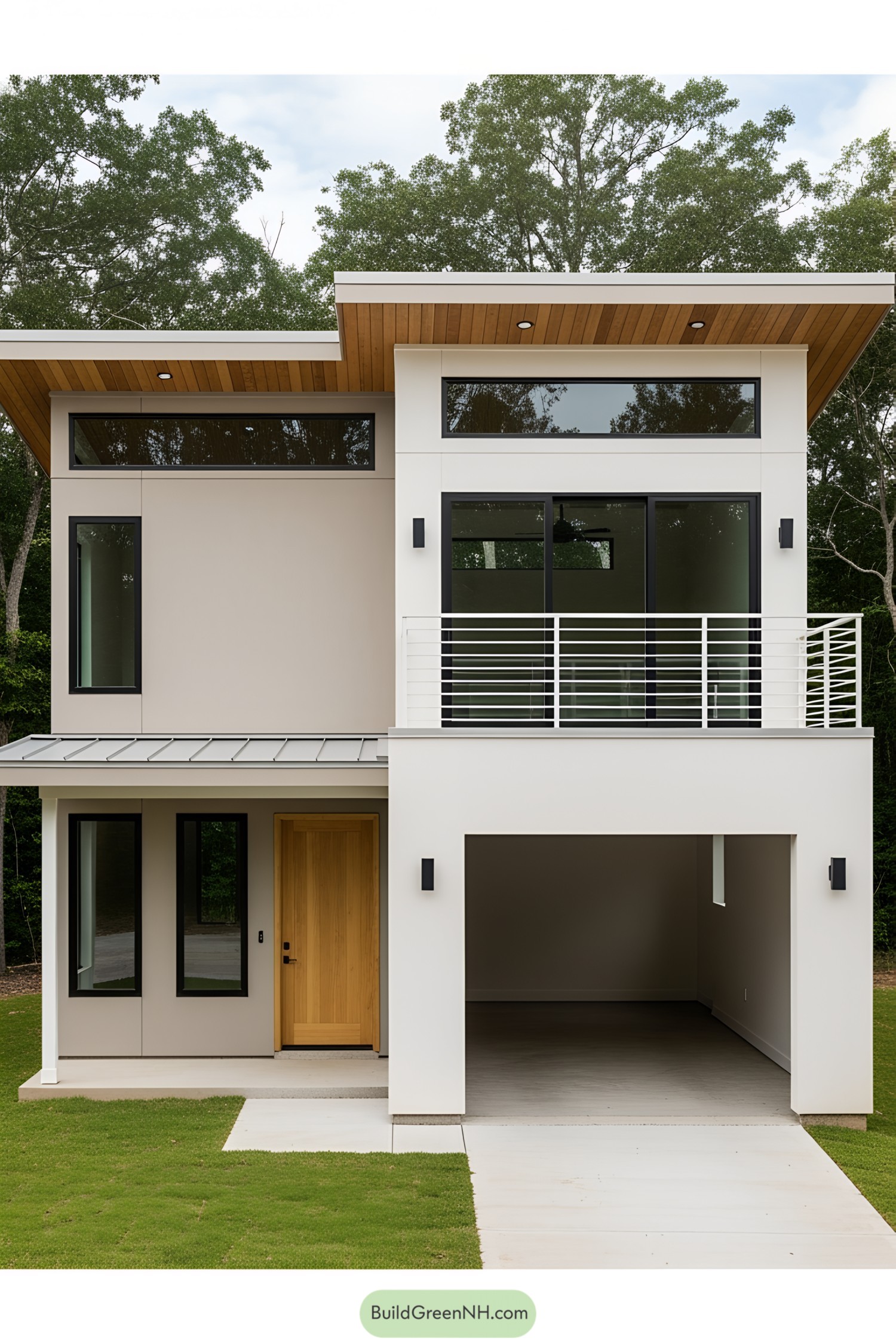 Modern small house with a garage and a wooden accent door