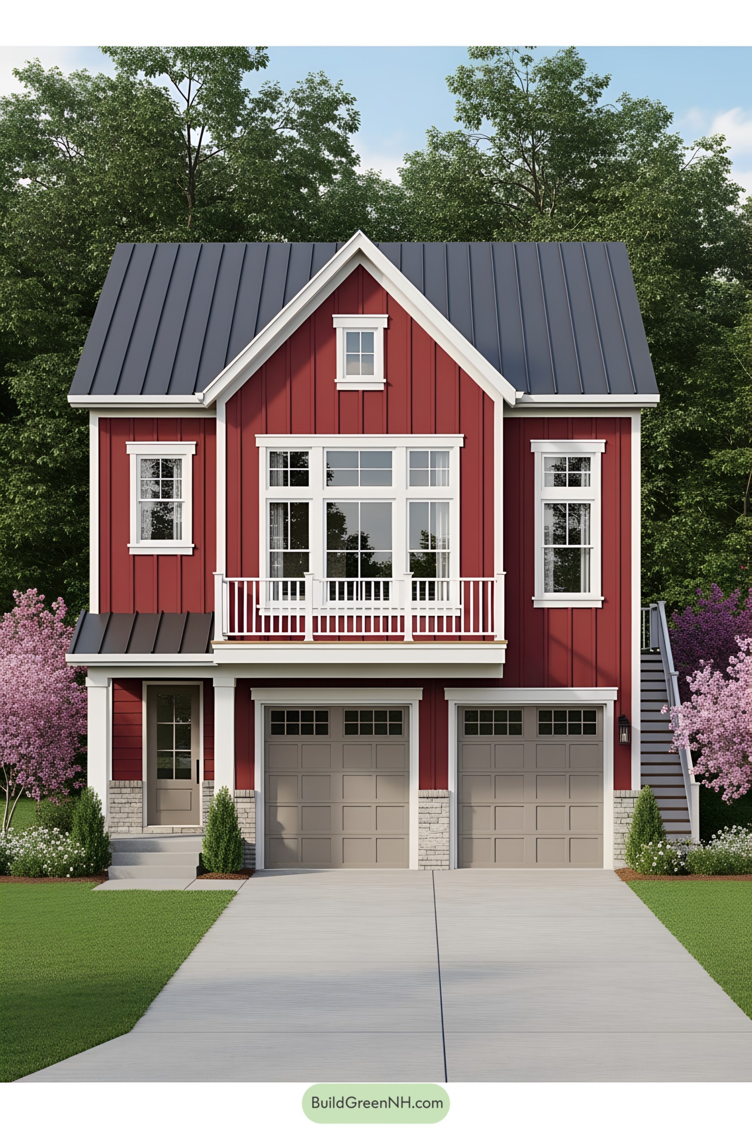 Front view of a red small house with double garages