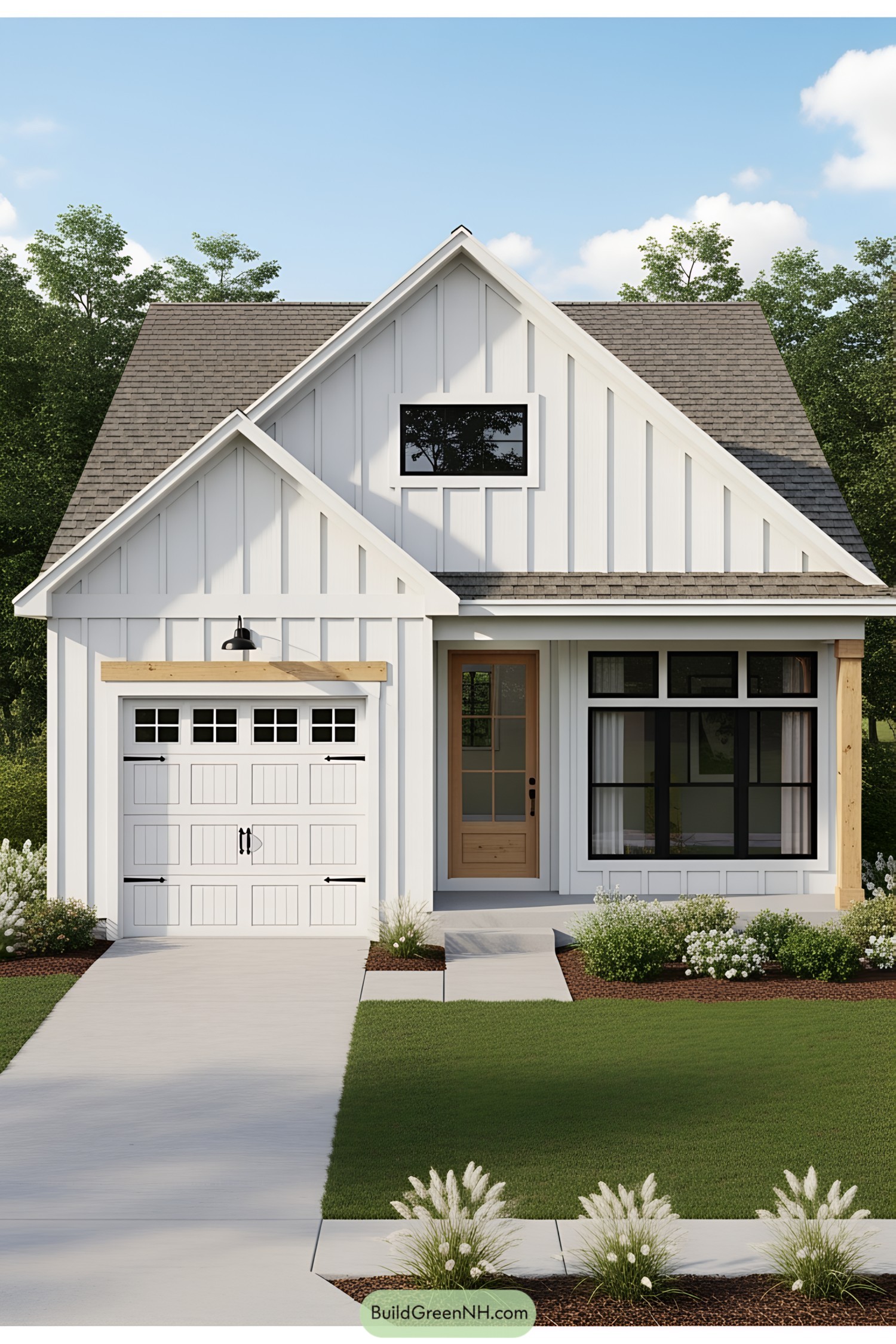 Small house with a white garage and front garden