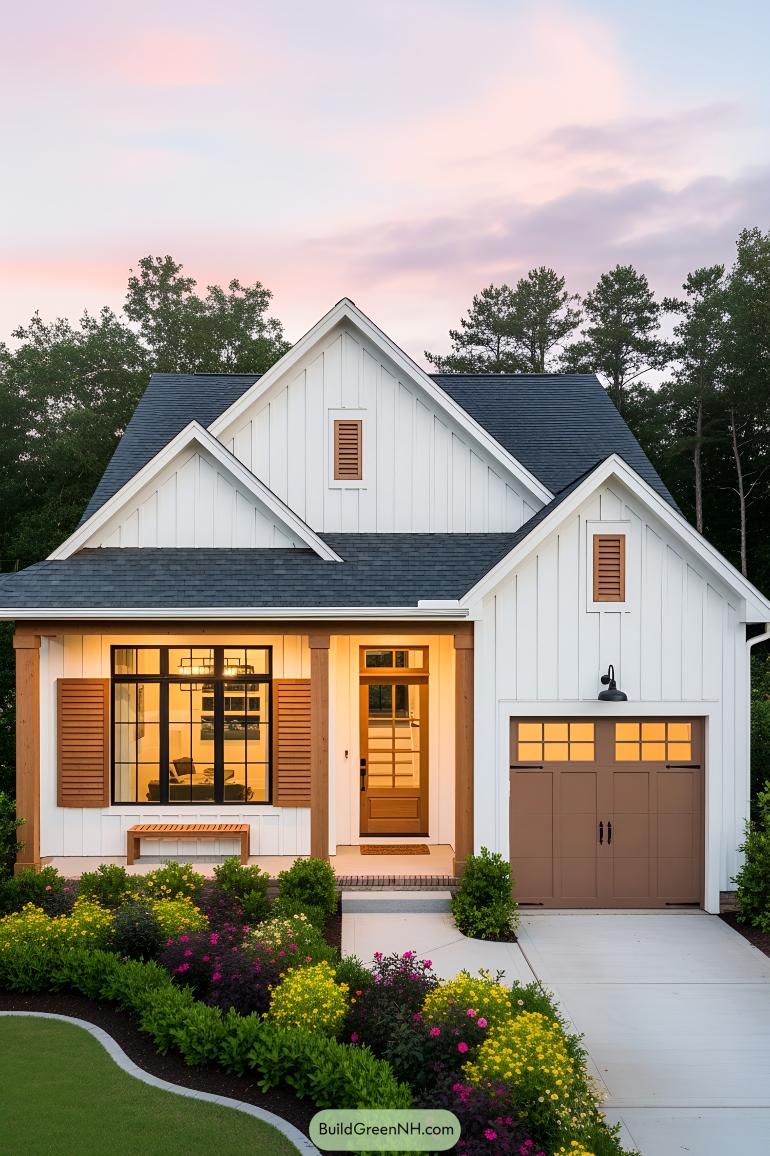 White house with brown accents and a single-car garage, surrounded by lush greenery