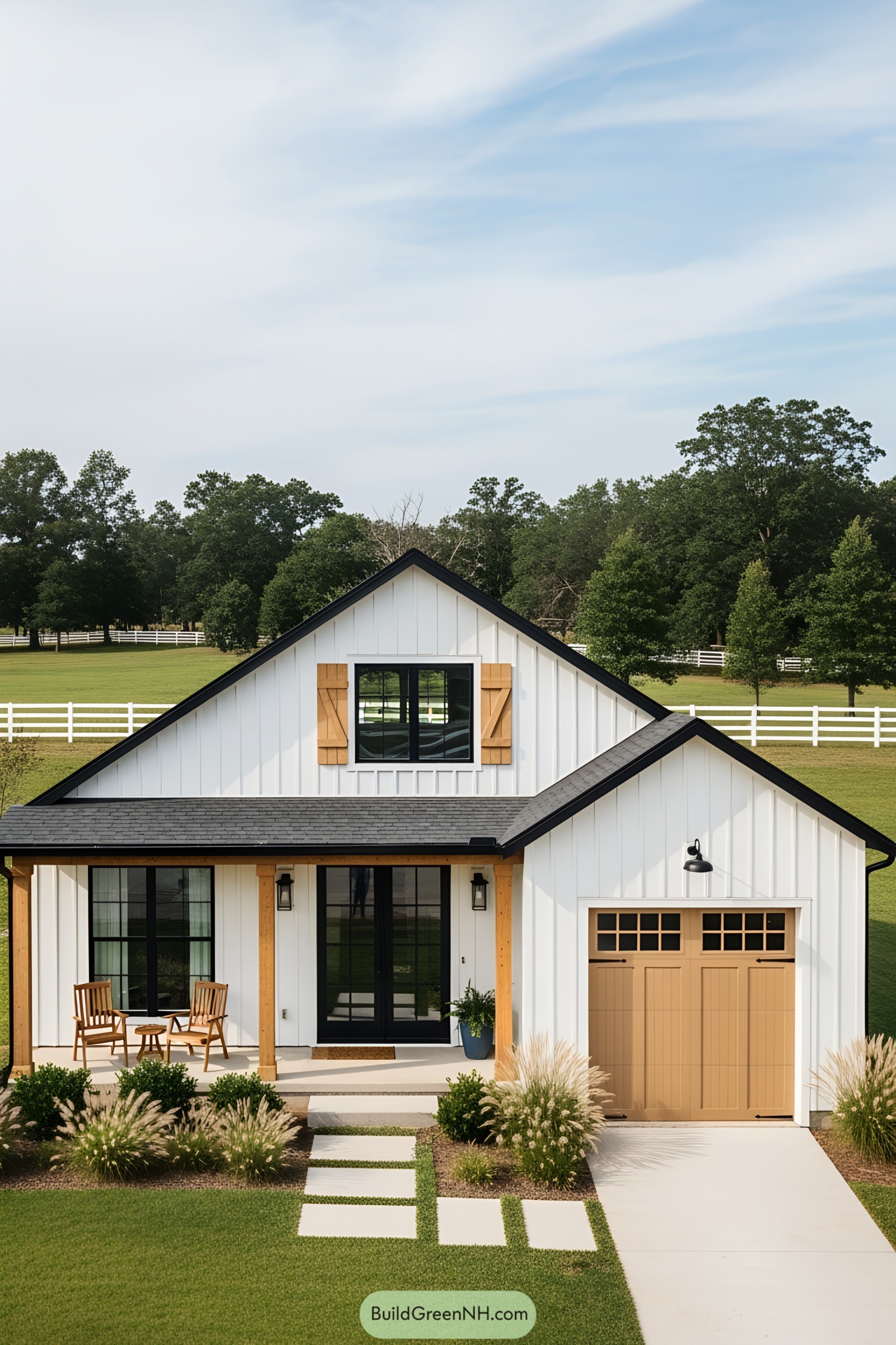 Small white house with a wooden garage door and a cozy front porch